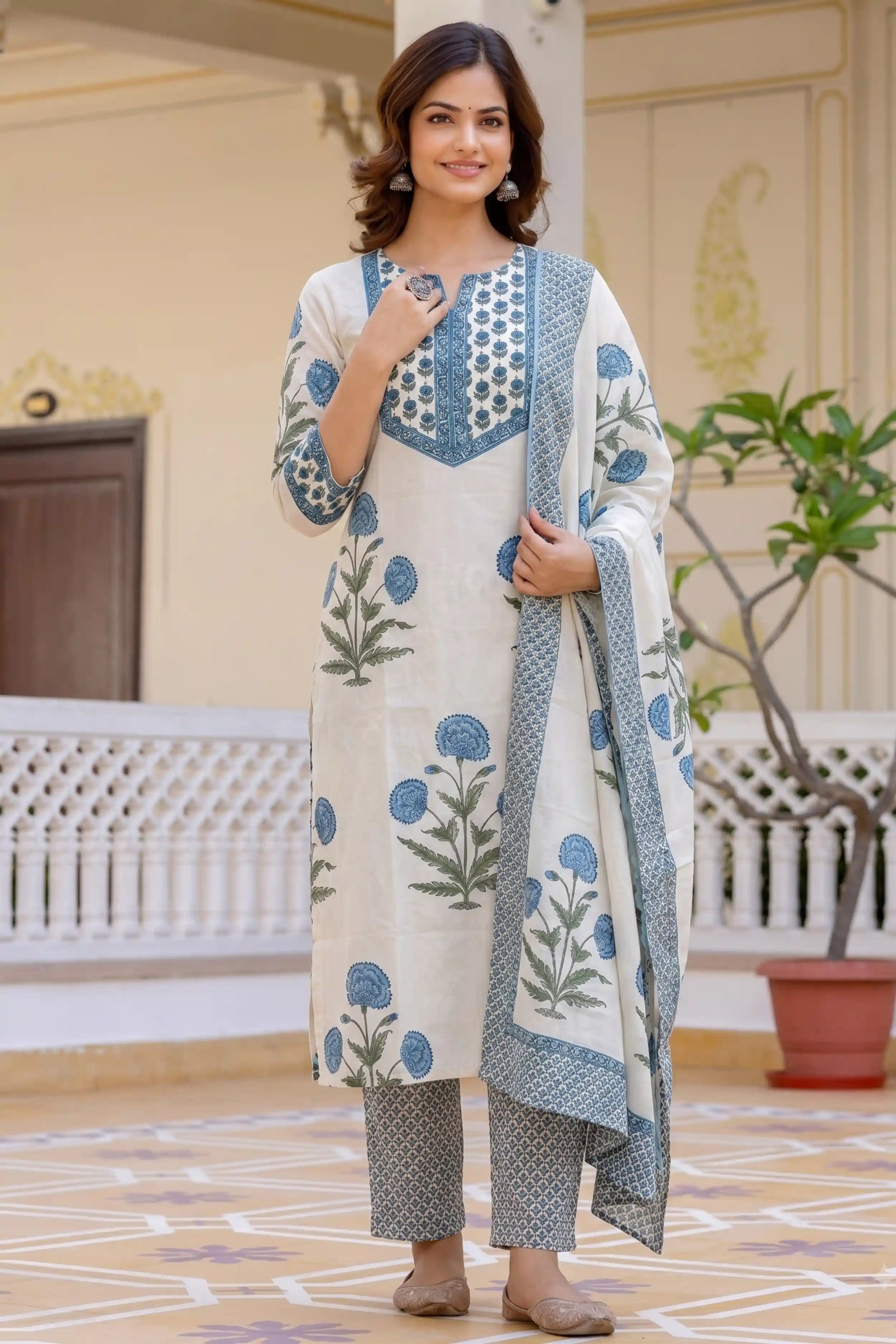 Sky Blue Straight Kurta Set with Cotton Dupatta