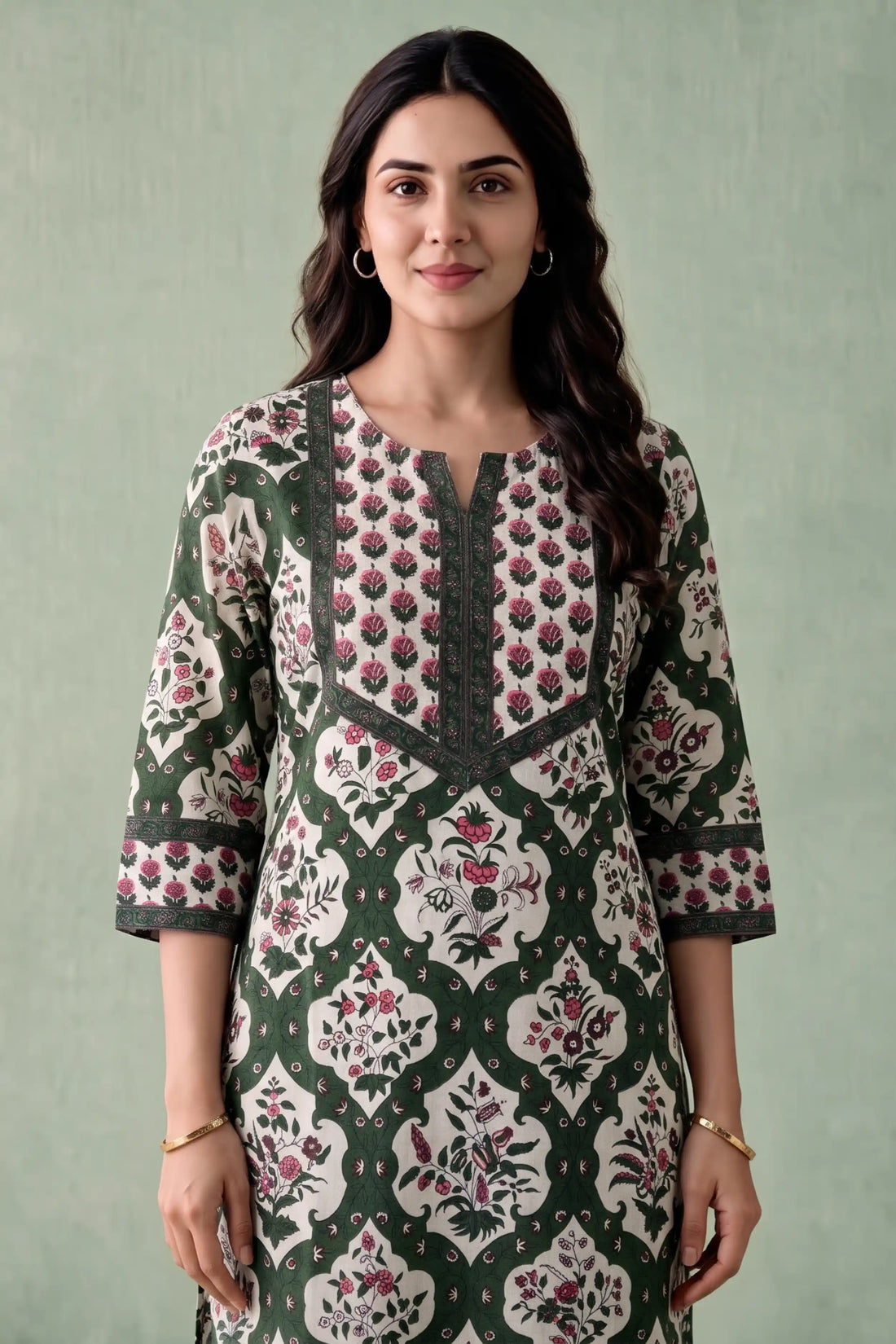 Green Floral Printed Cotton Flex Straight Kurta Set (Winter Special) – 2 PCS