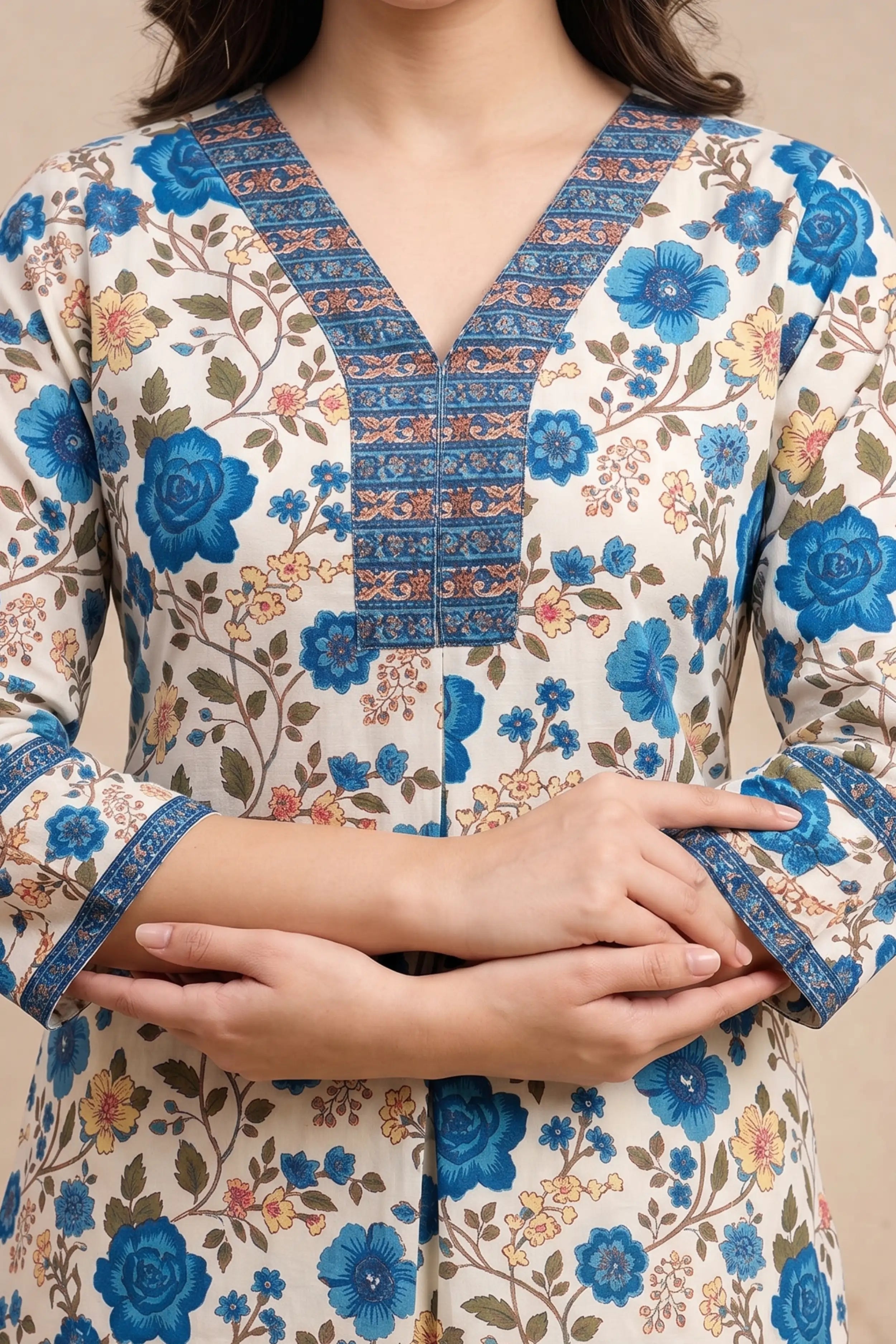 Blue Floral V-Neck Hand Printed Straight Kurta