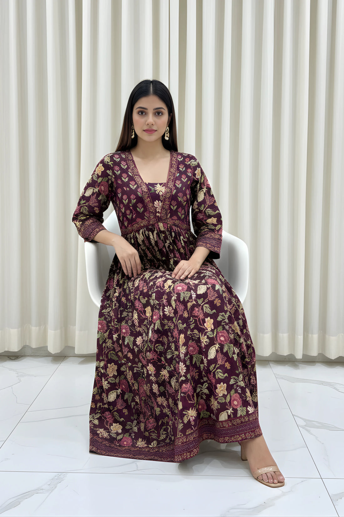 Burgundy Flared Anarkali Cotton Kurta with Floral Print