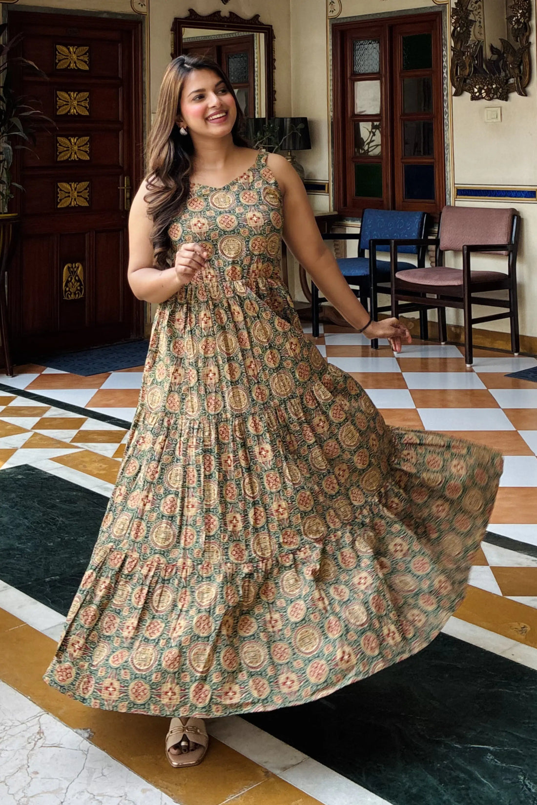 Bottle Green Ajrak Printed Sleeveless Cotton Maxi Dress