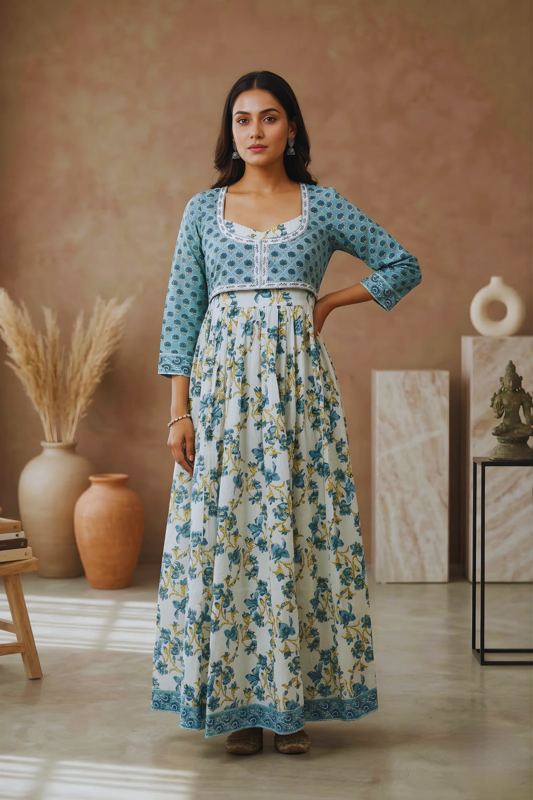 Sea Green Hand Block Floral Printed Anarkali Maxi Kurta