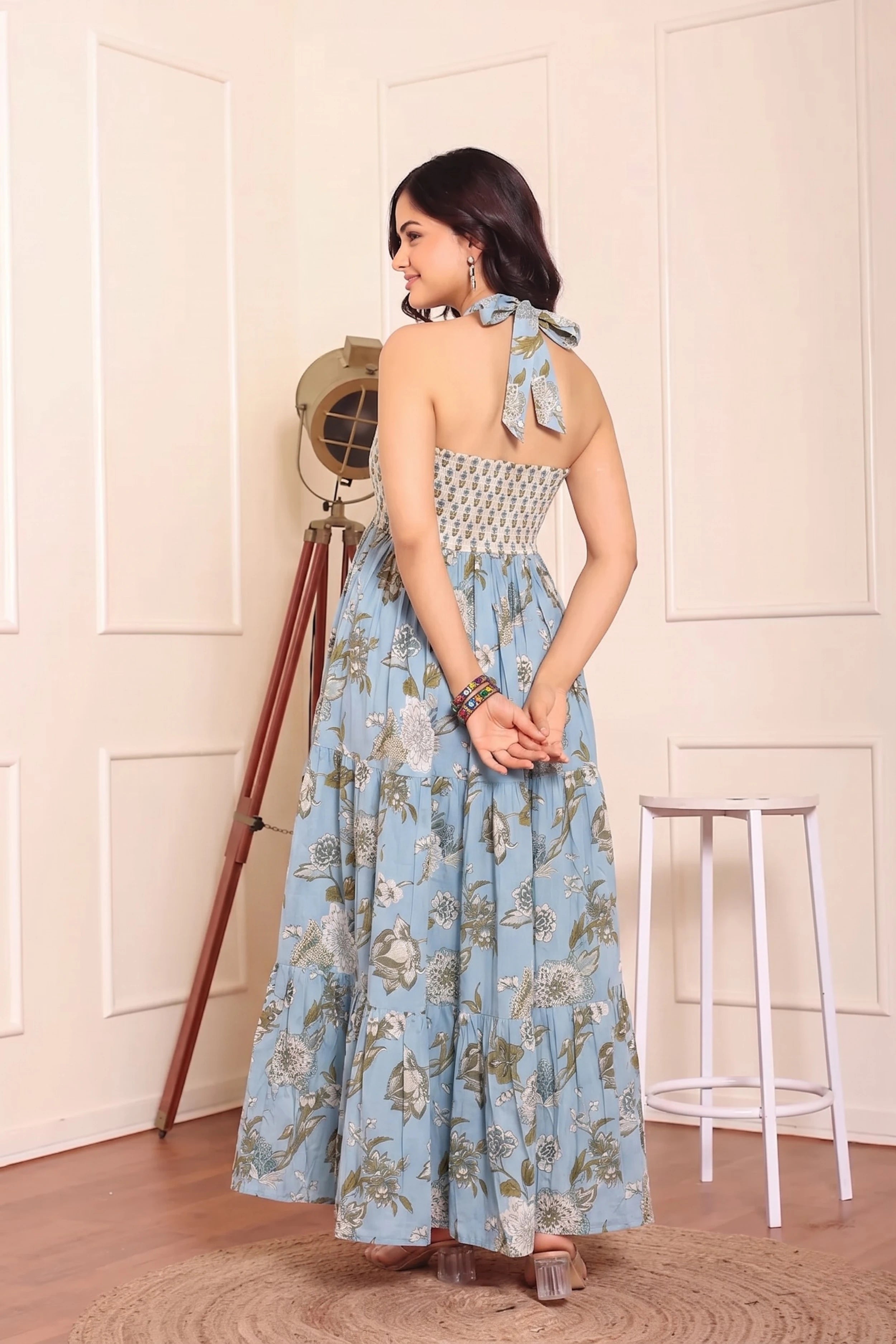 Blue Floral Hand Printed Halter Maxi Dress