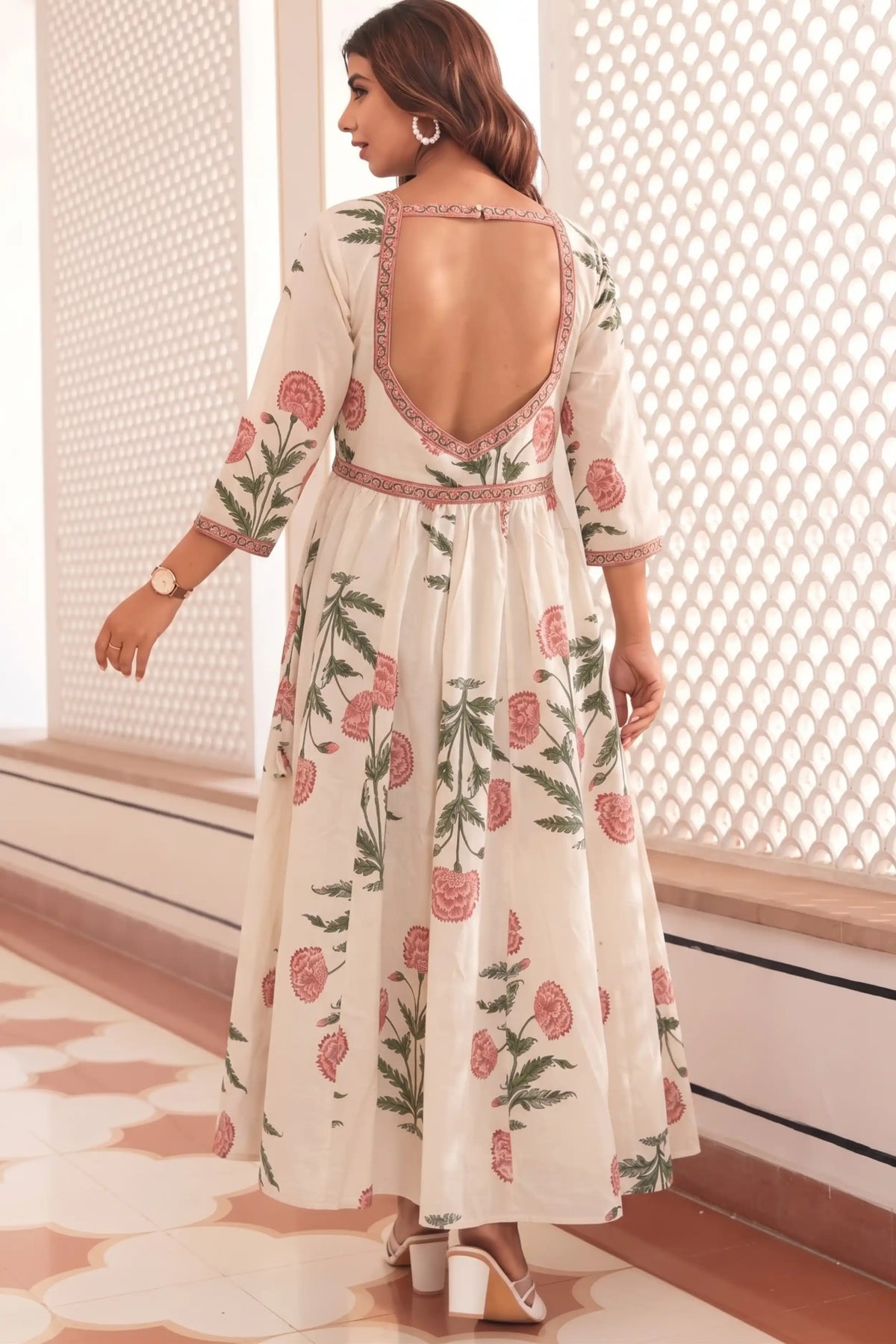 Peach Hand-Printed Anarkali Maxi Dress