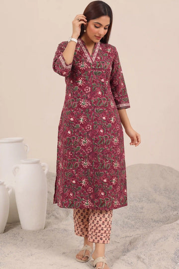 Maroon Hand Block Printed Straight Cotton Kurta Pant Set (2 Pcs)