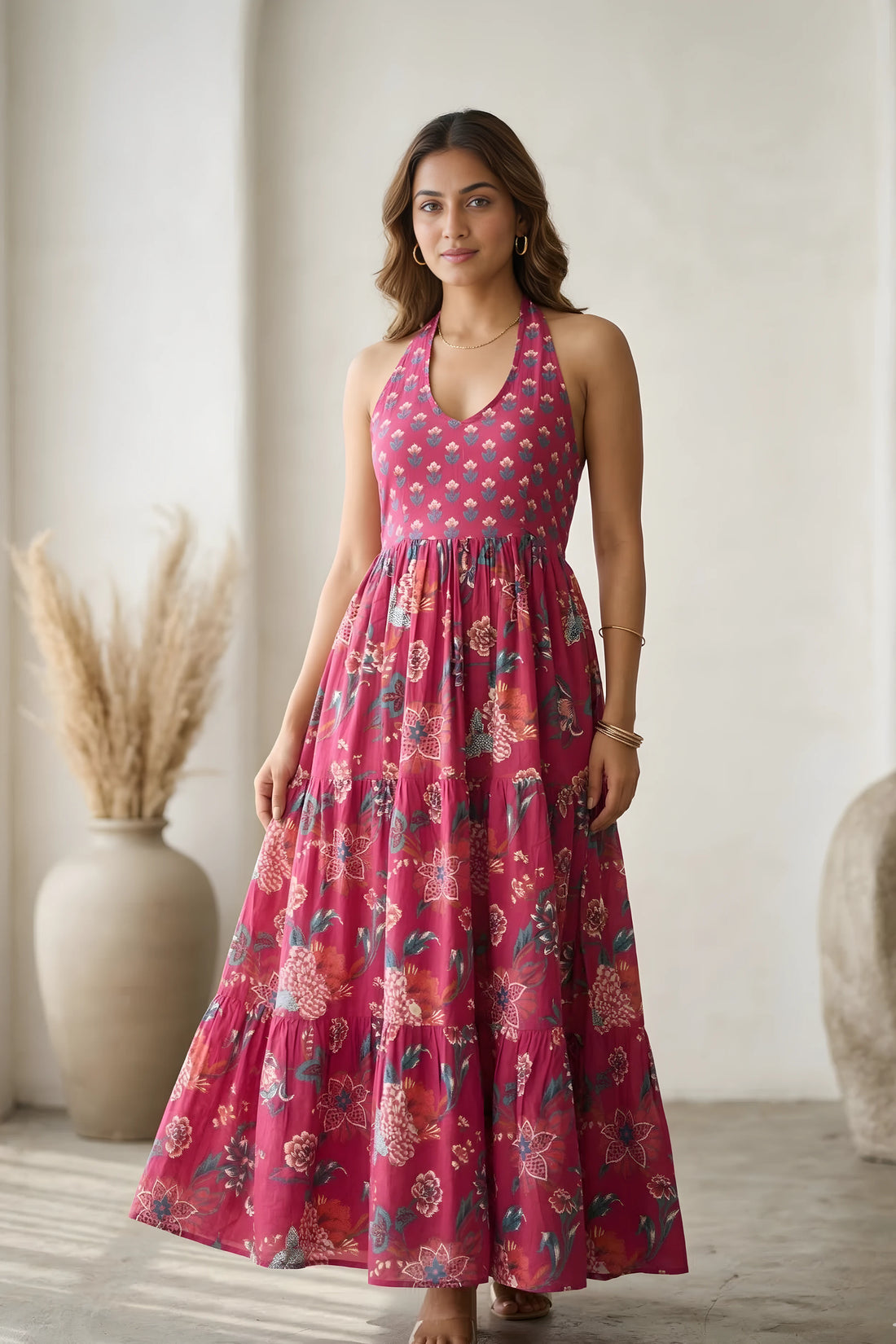 Pink Floral Hand Printed Halter Maxi Dress