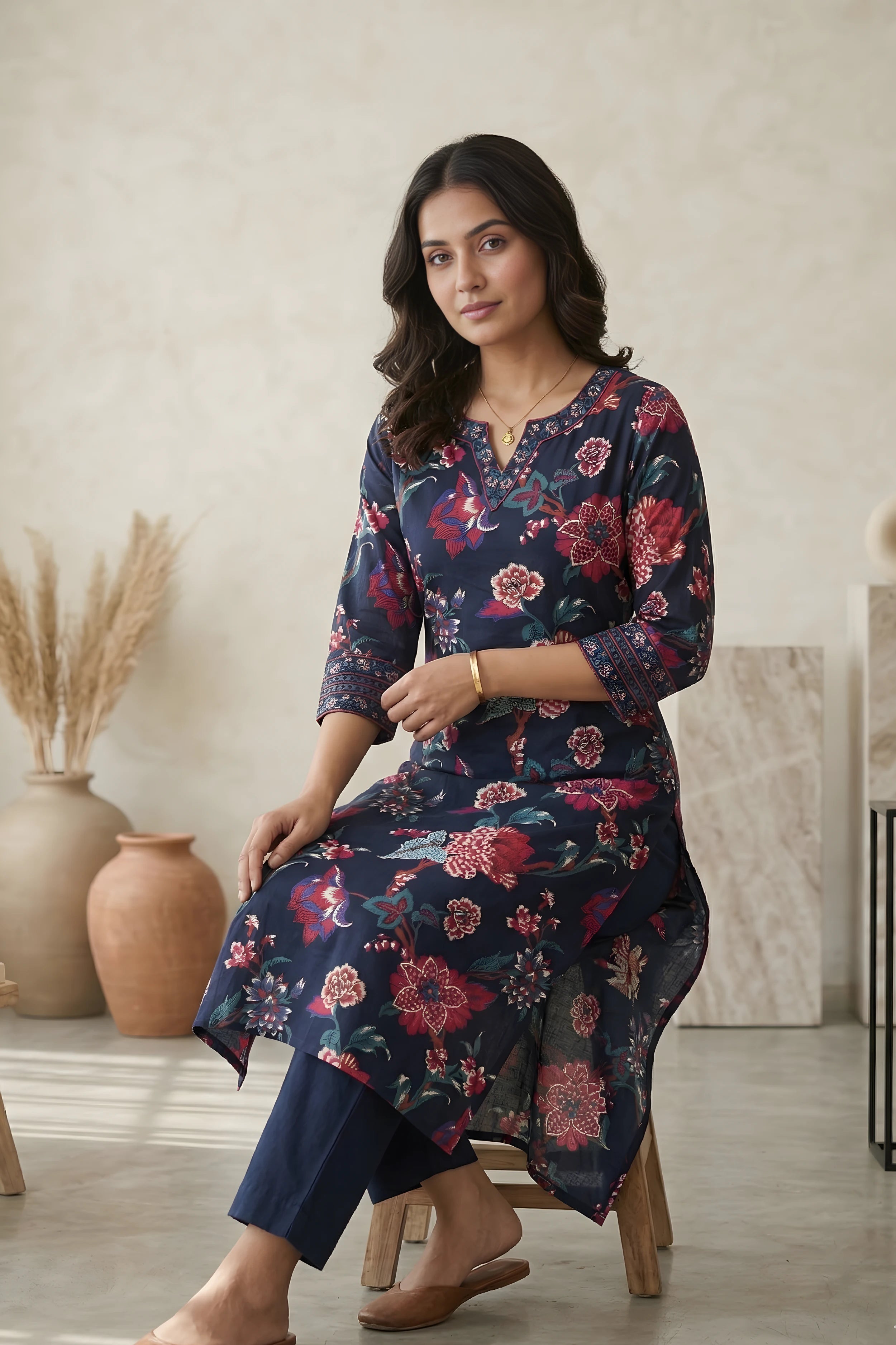 Blue Floral Hand Printed Corset Back Straight Kurta