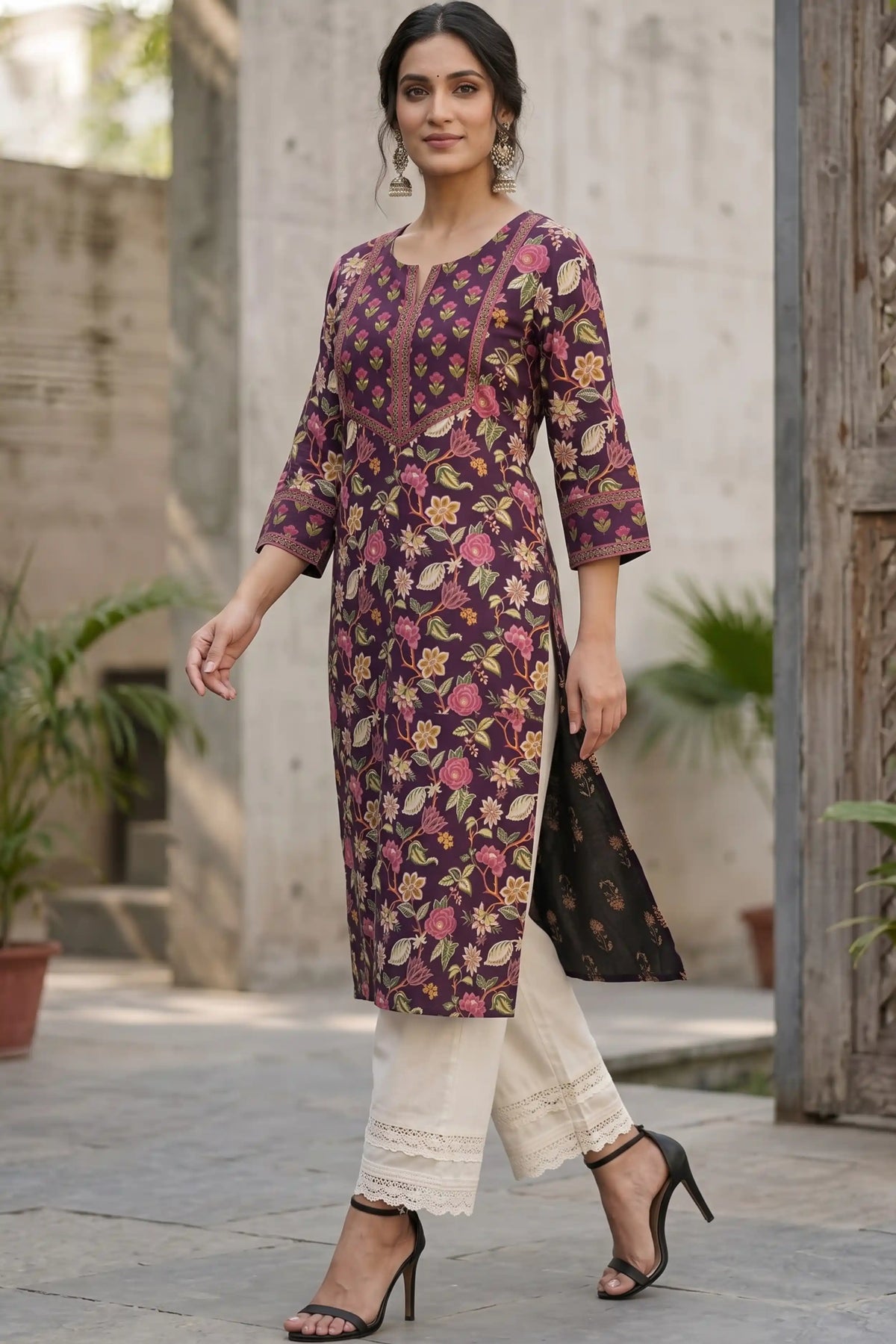 Burgundy Hand Printed Straight cotton Kurta