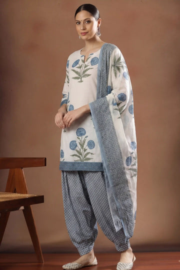 Sky Blue Floral Print Pure Cotton Farsi Salwar Set With Cotton Dupatta
