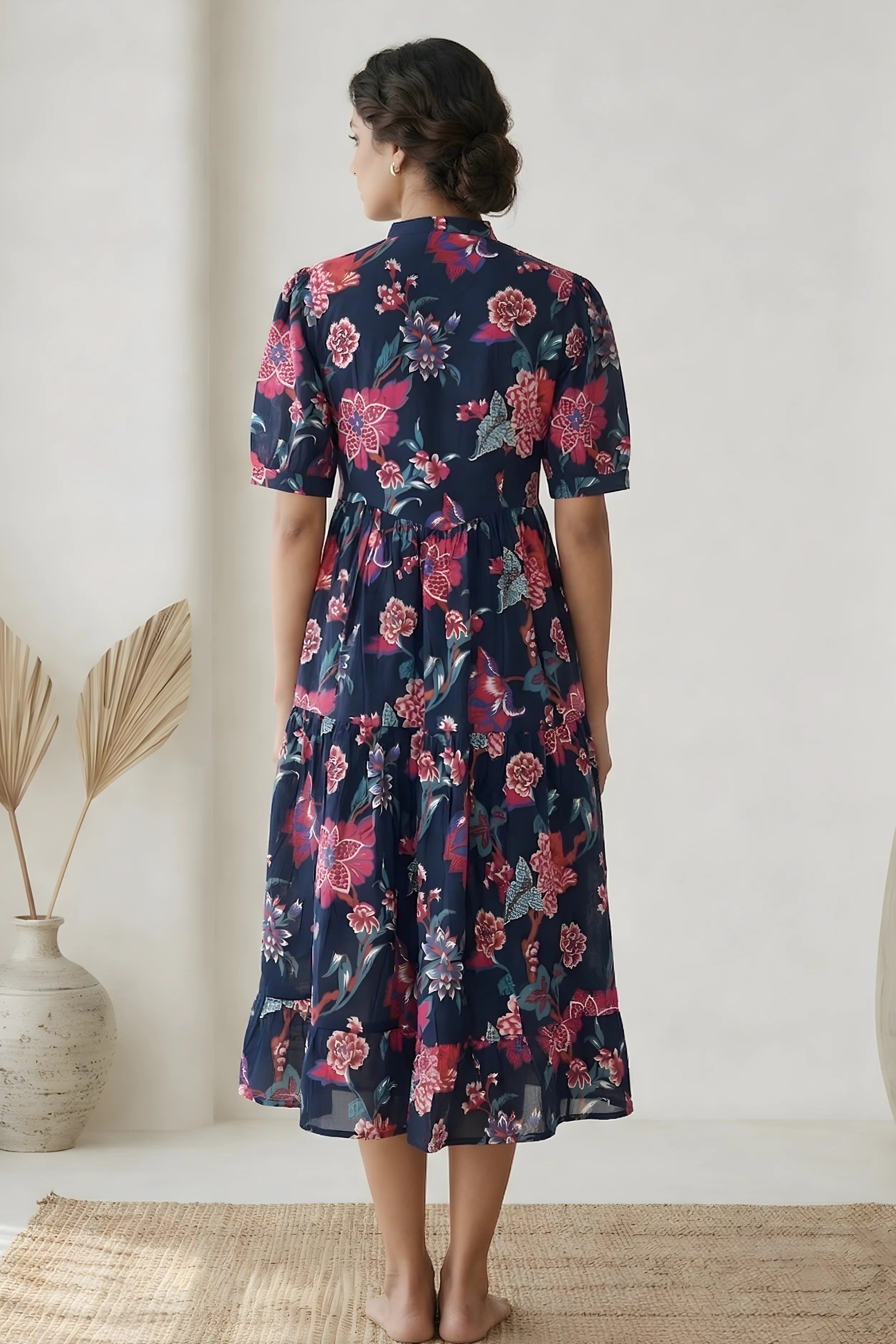 Blue Floral Printed Tiered Fit & Flare Cinderella Dress