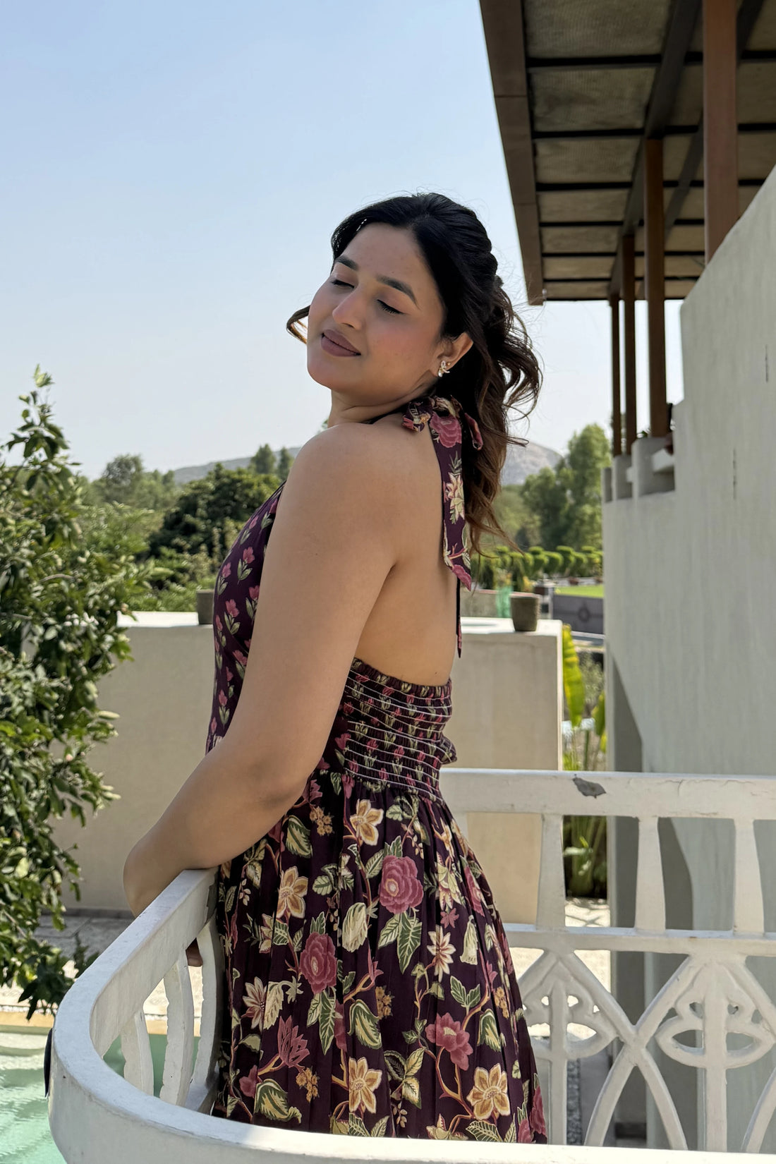 Burgundy Floral Hand Printed Halter Maxi Dress