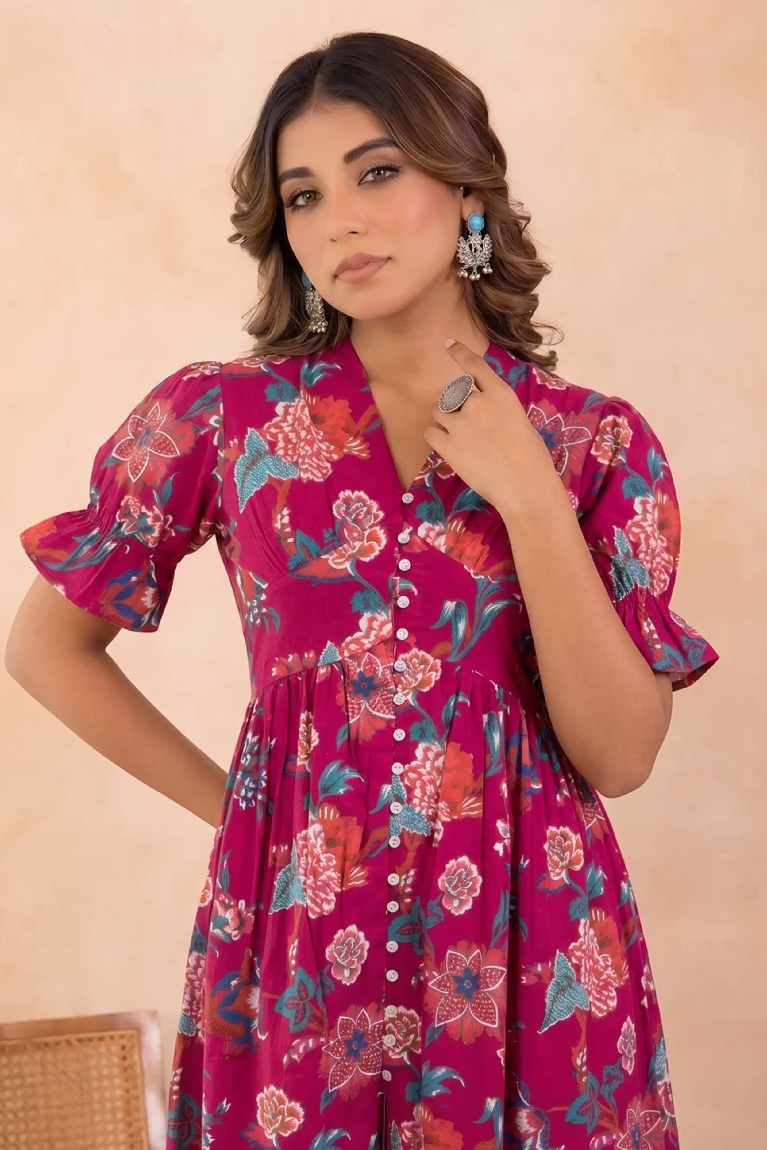 Pink Hand Printed V-Neck Front-Open Long Dress