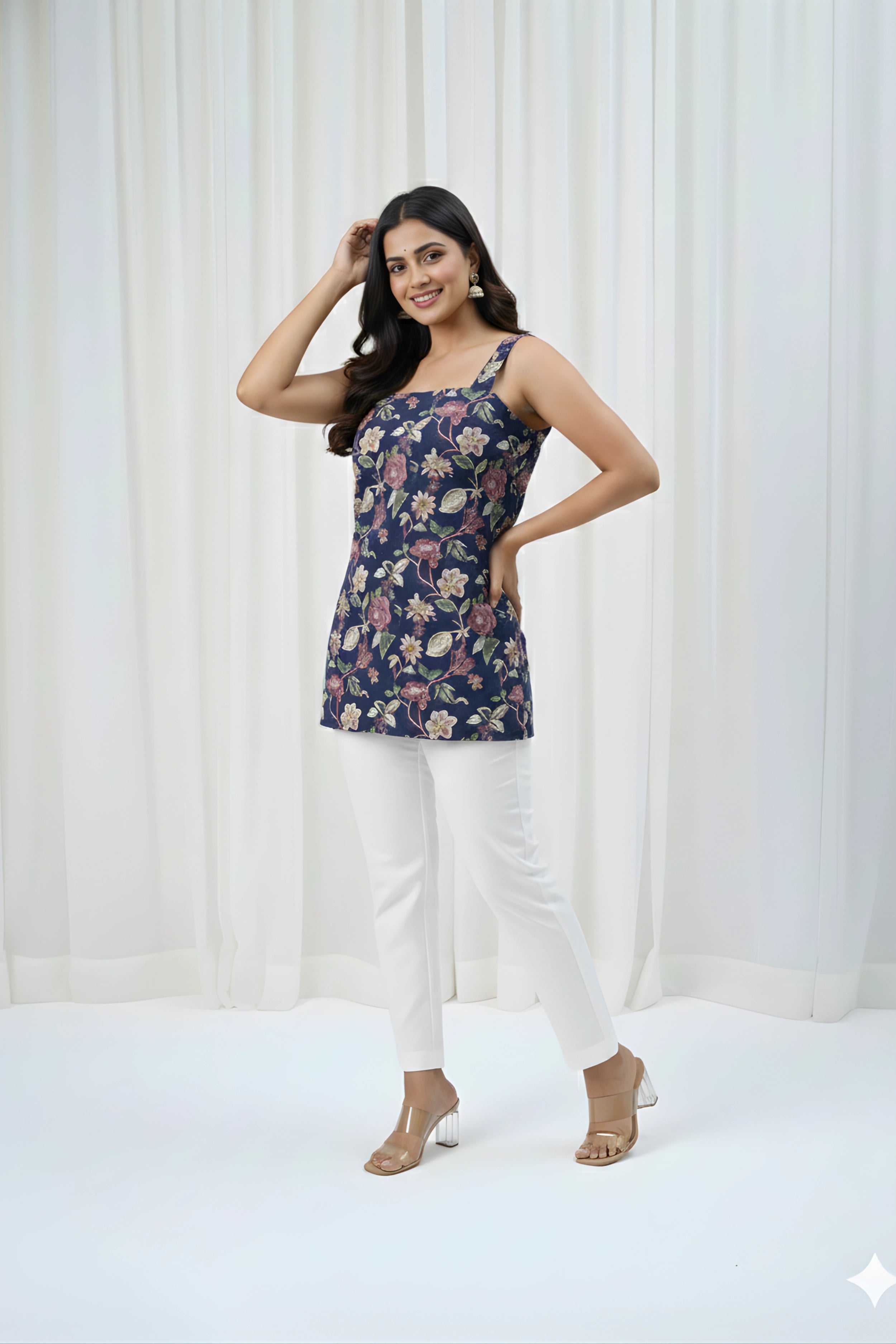 Blue Floral Hand Printed Corset Back Straight Top with linning