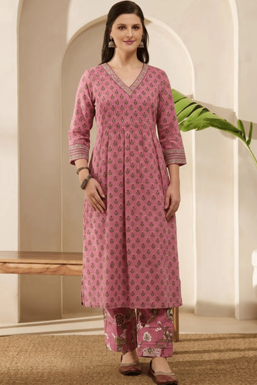 Pink V neck Hand Printed Kurta Set (2 PCS)