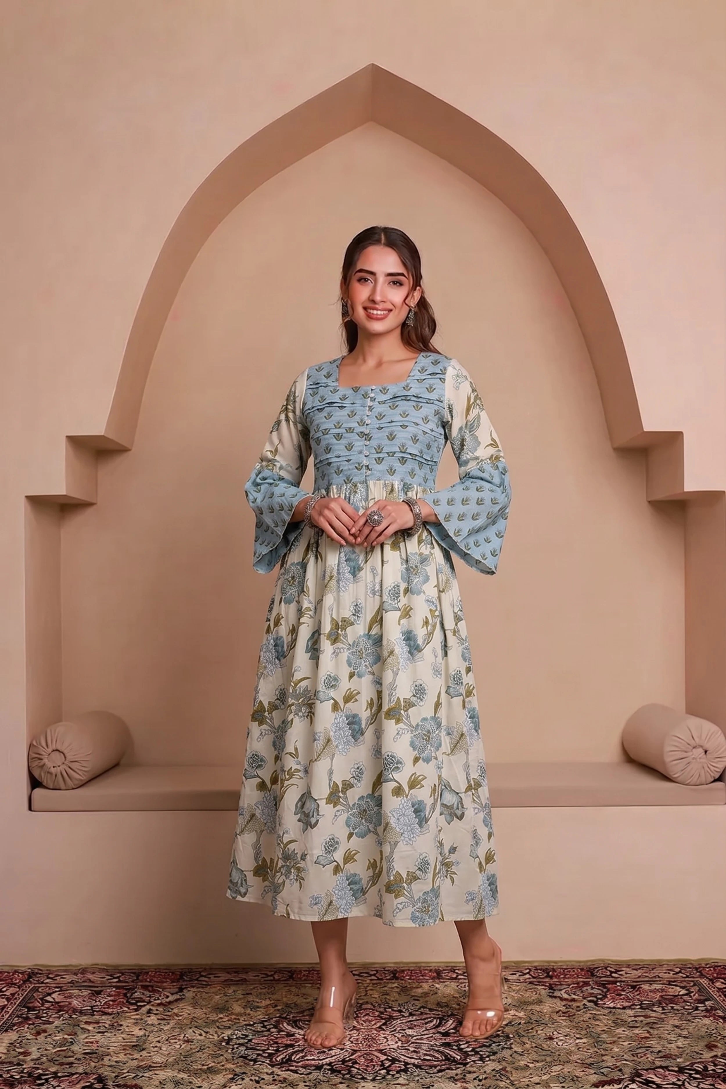Blue Hand Printed Floral Midi Dress with Square Neck
