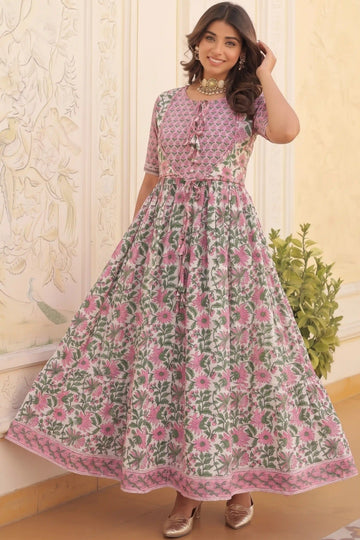 Pink Round Neck Hand Block Printed Anarkali Maxi Dress