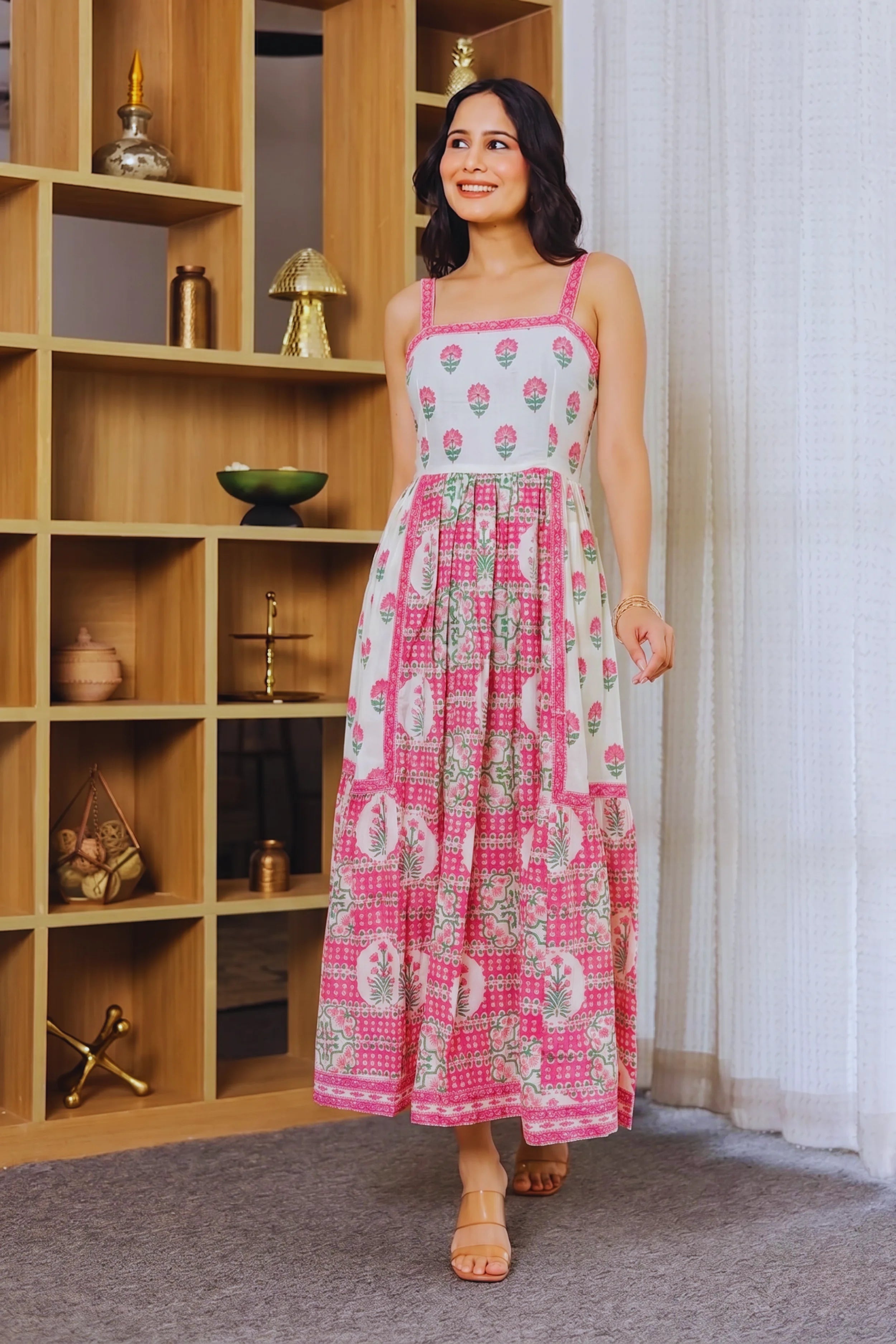 Light Pink Hand Block Floral Printed Sleeveless Tiered Midi Dress