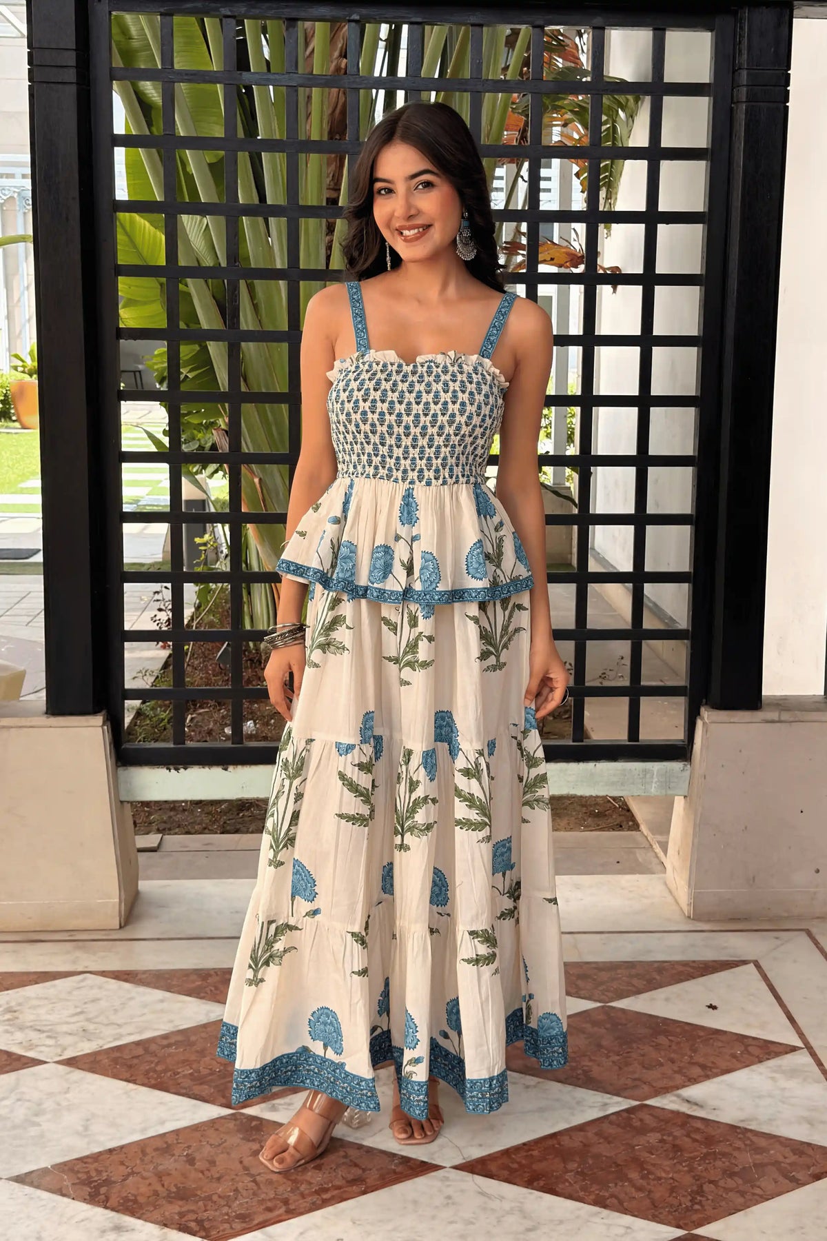 Ivory Blue Floral Hand Printed Square Neck Tiered Maxi Dress