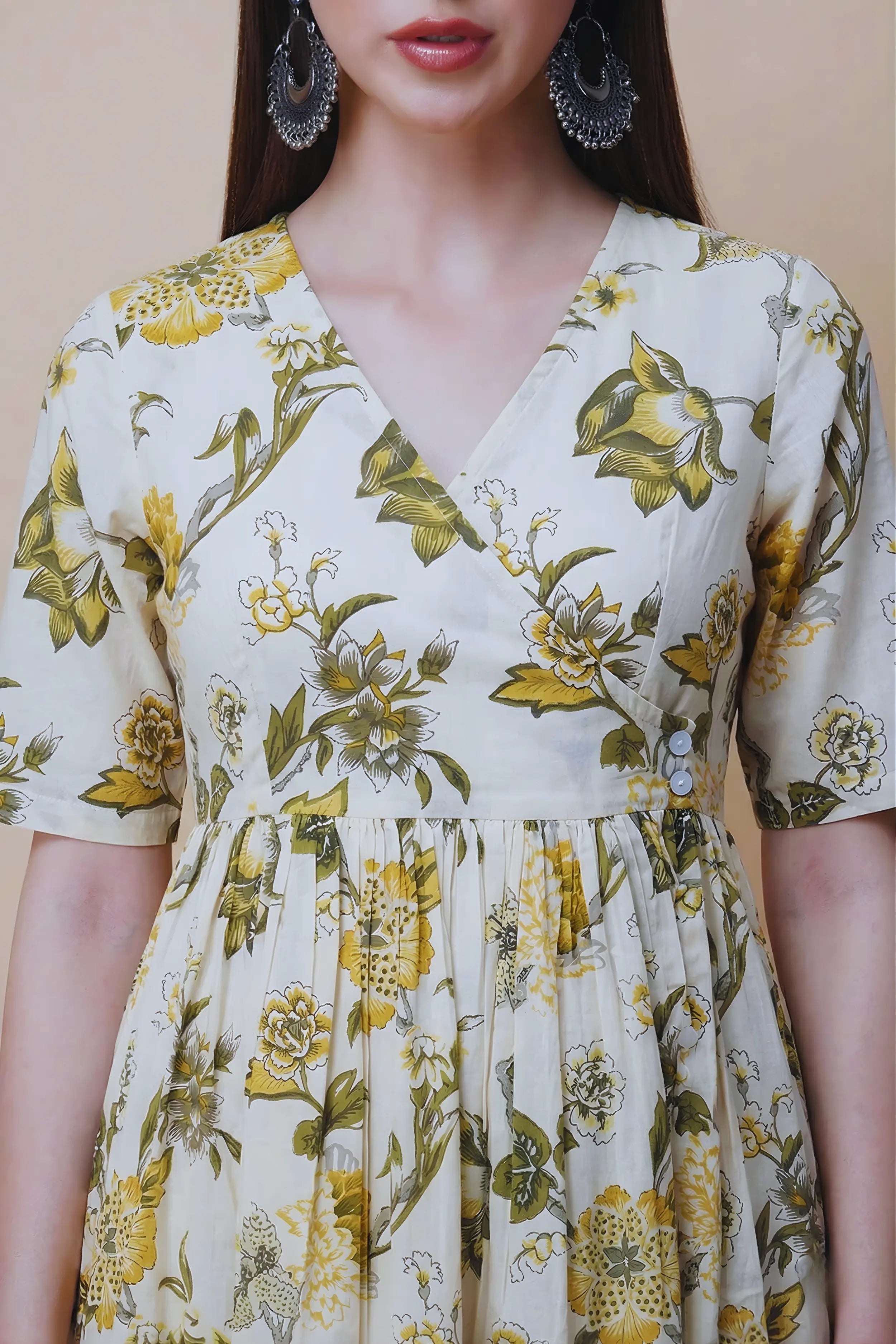 Yellow Hand Printed V-Neck Midi Dress In Angrakha style