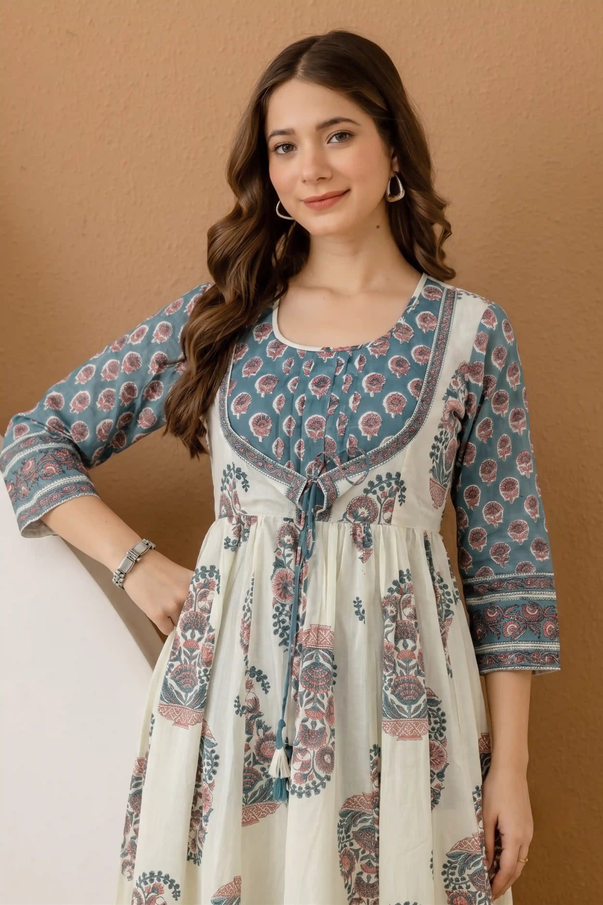 Sea Green Hand Block Floral Printed Anarkali Maxi Dress