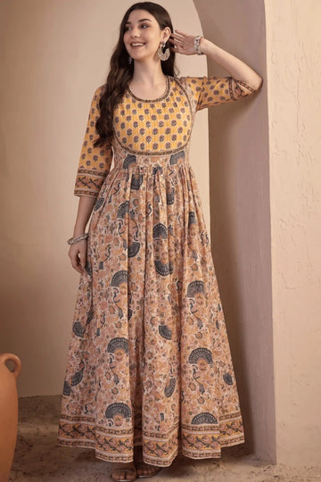 Yellow Hand Block Printed Anarkali Dress with Peacock Motifs