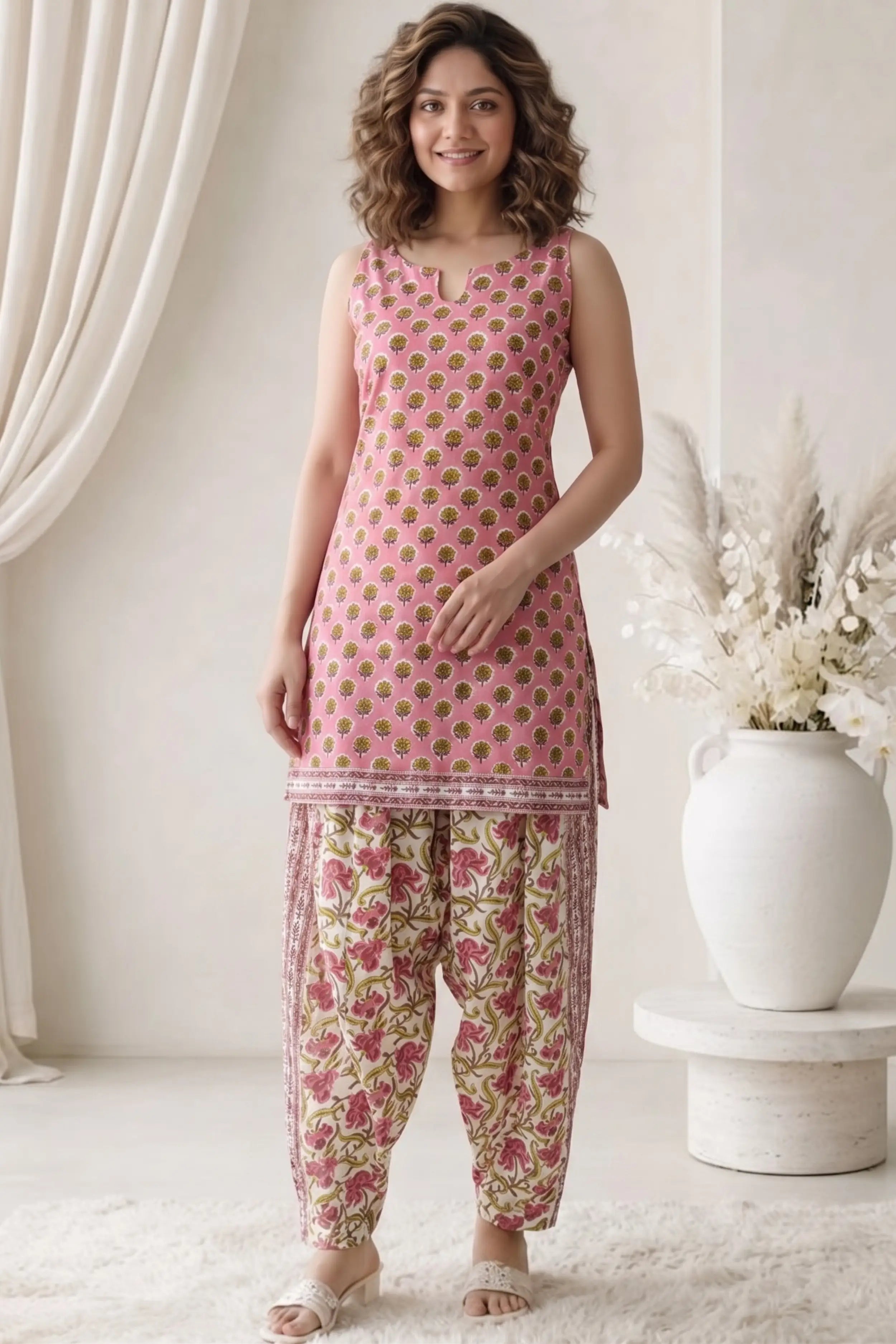 Pink Sleeveless Round Neck Kurti with Trouser