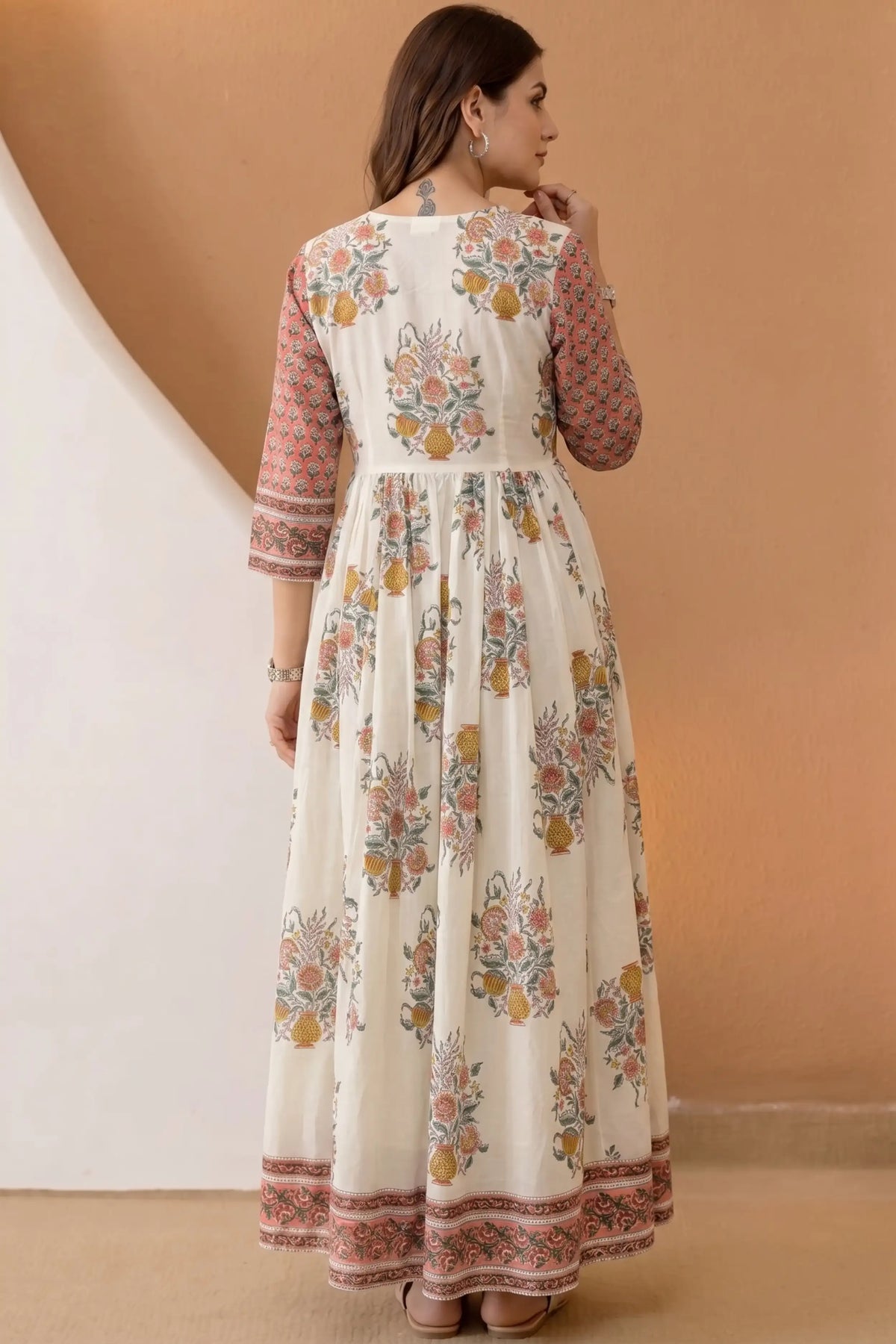 Orange Hand Block Floral Printed Anarkali Maxi Dress