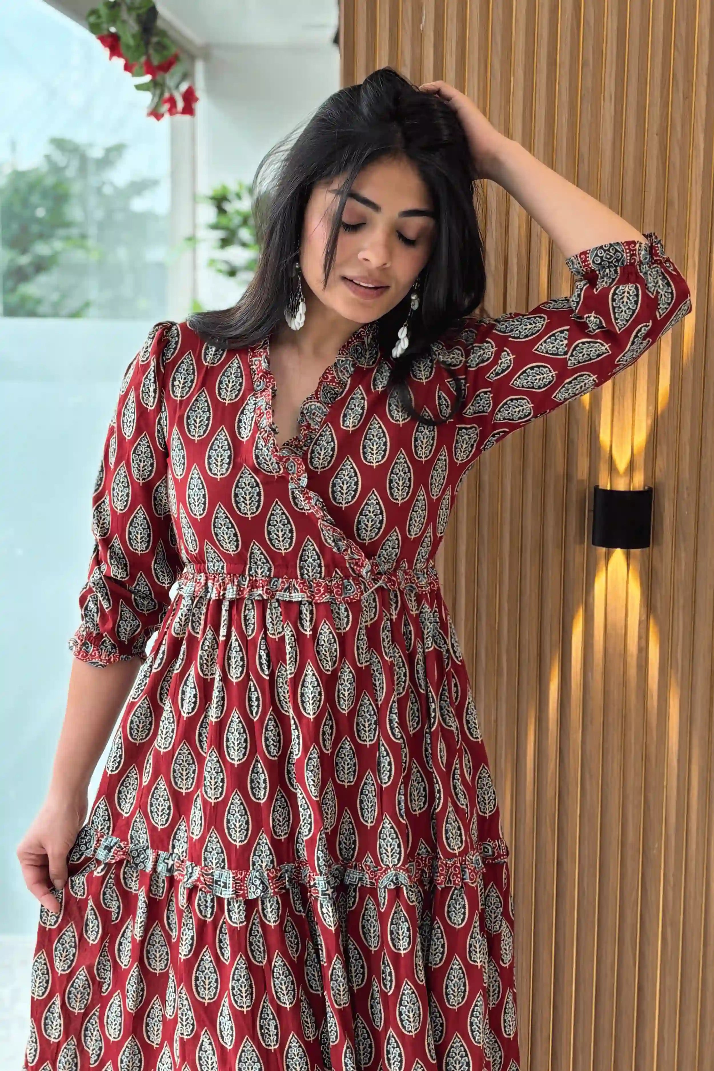 Red Hand Printed Tiered Maxi Dress