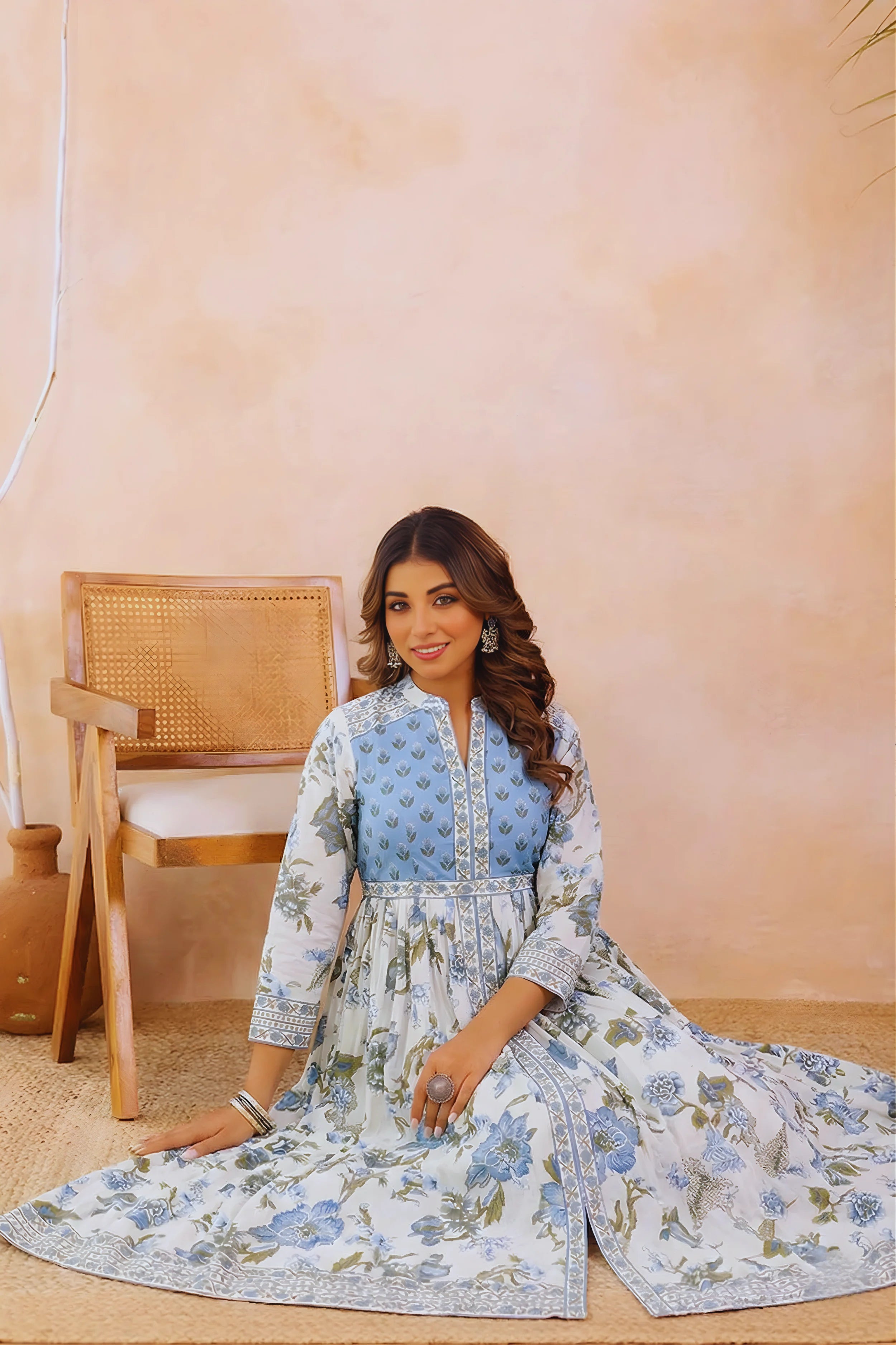 Sky Blue Anarkali Cotton Hand Block Printed Ethnic Maxi Dress