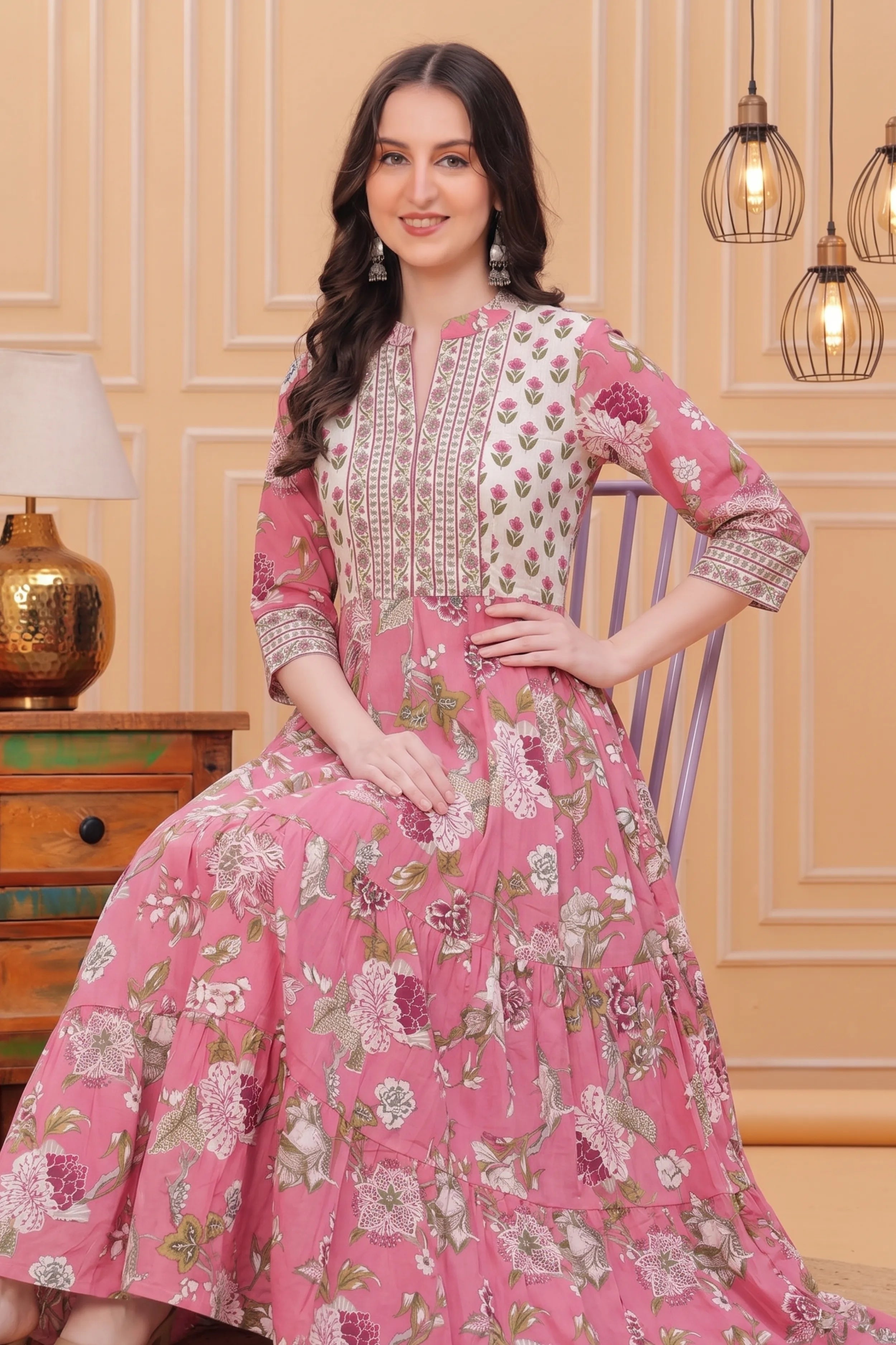 Pink Floral Hand Printed Anarkali Maxi Dress