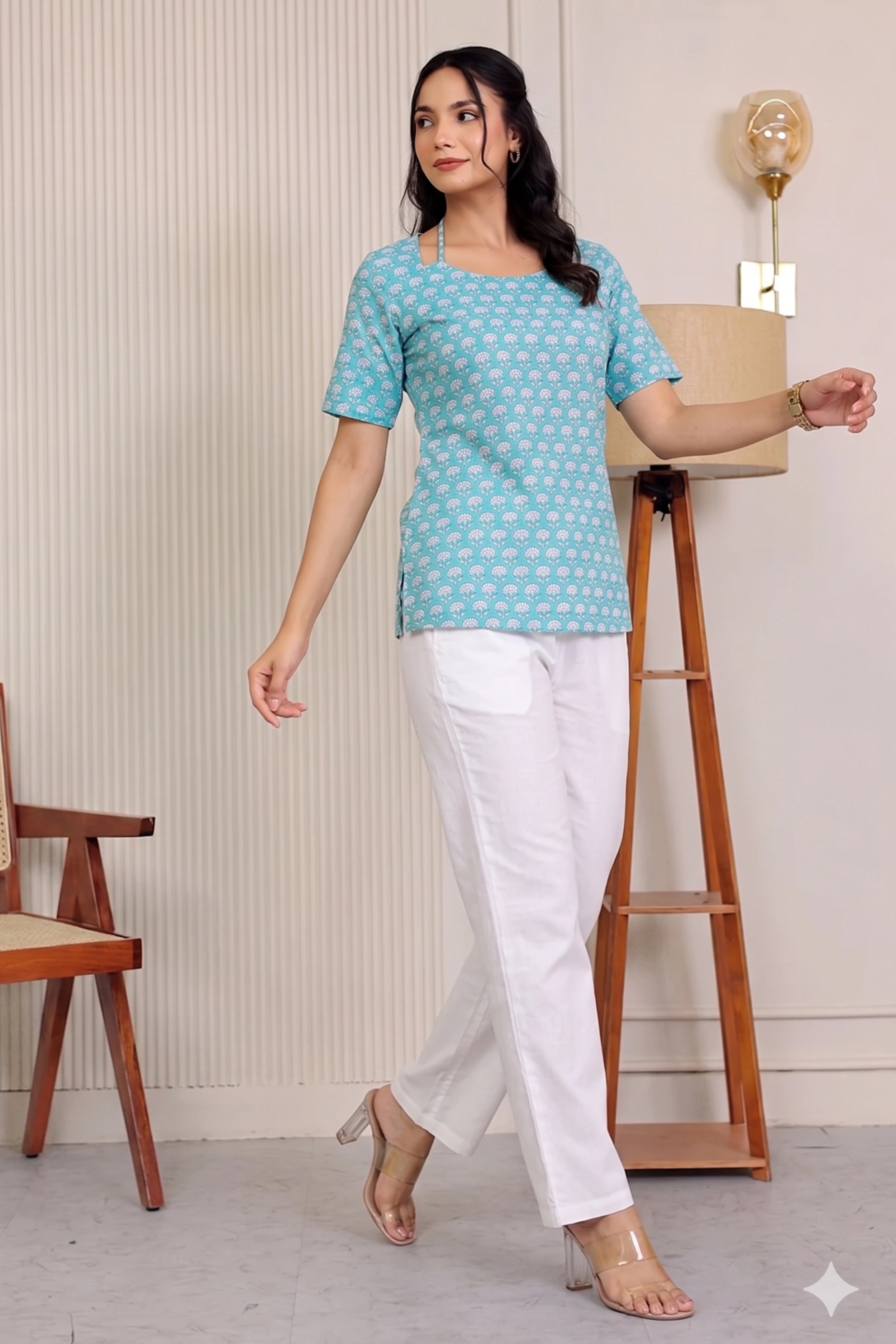 Aqua Green Hand Block Printed Cotton Top with Round Neck & Adjustable Back Corset Detail