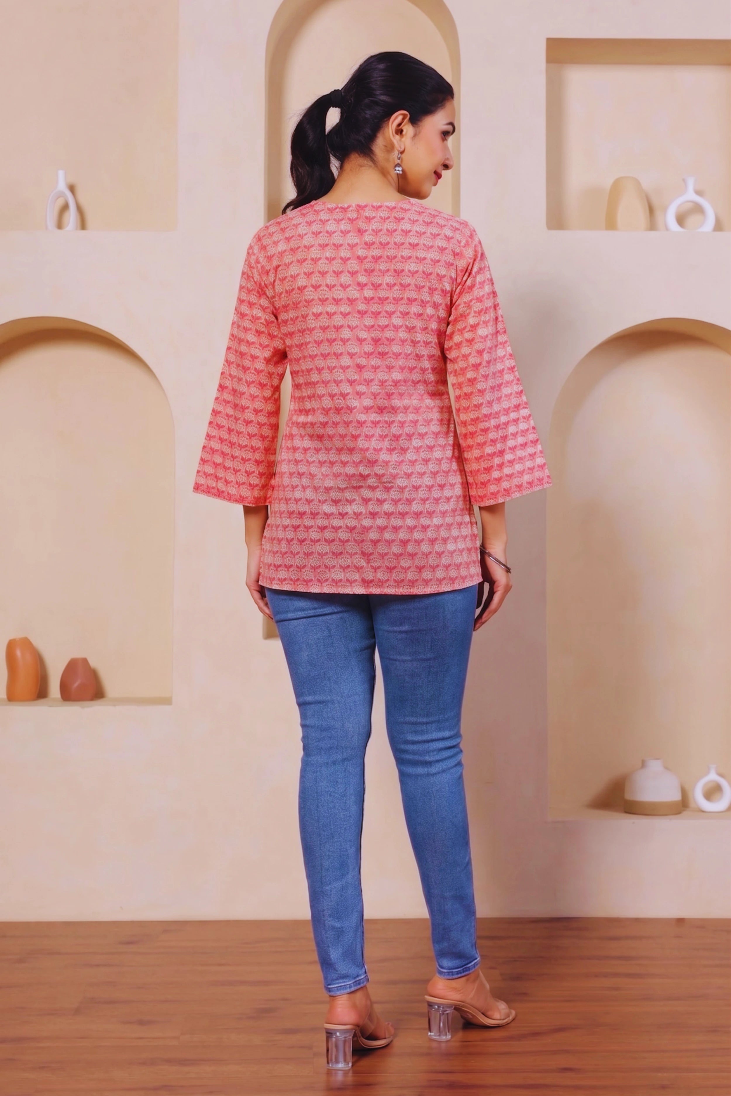 Light Pink Hand Block Printed Short Kurti