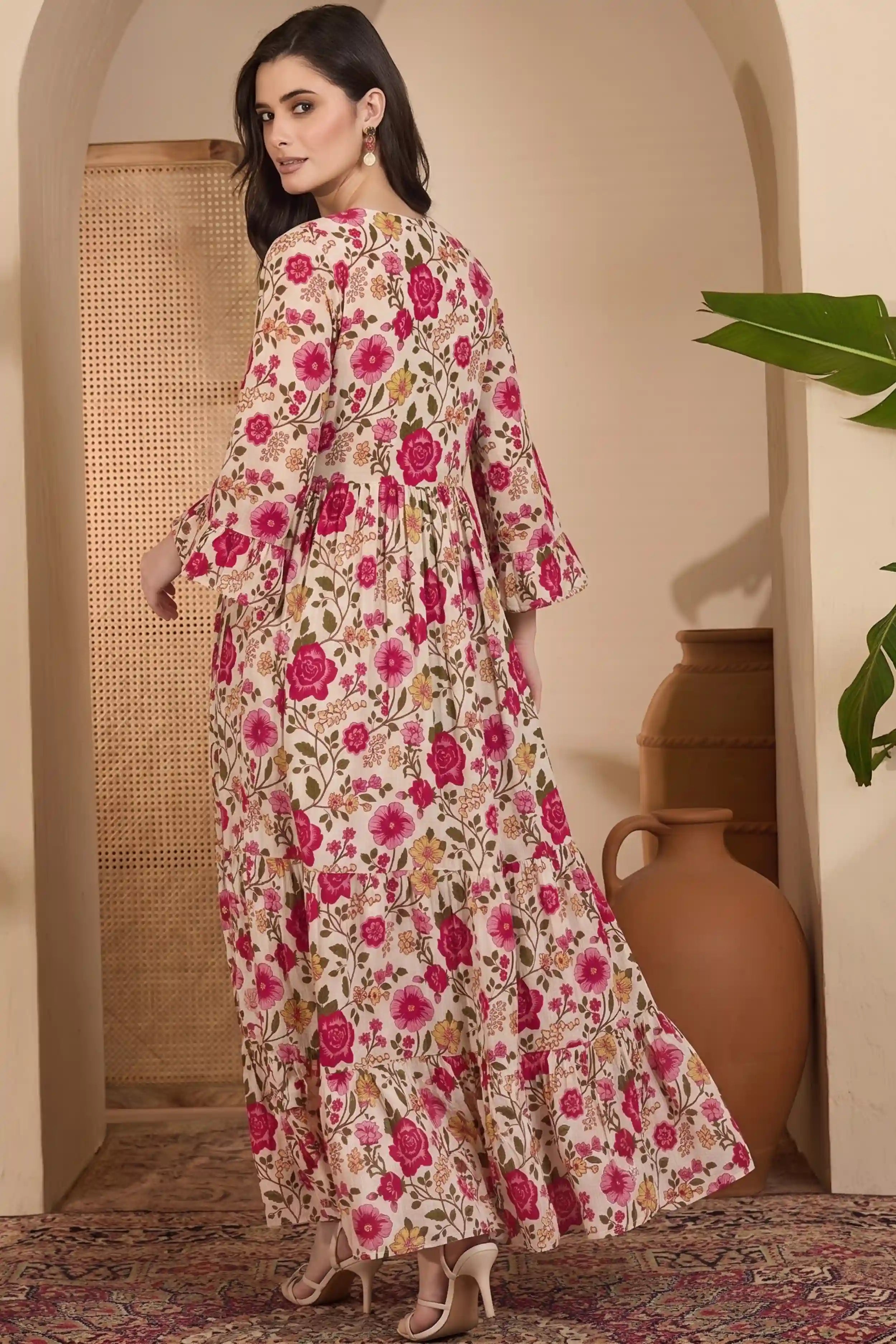 Pink Long Printed Tired Dress With Gather