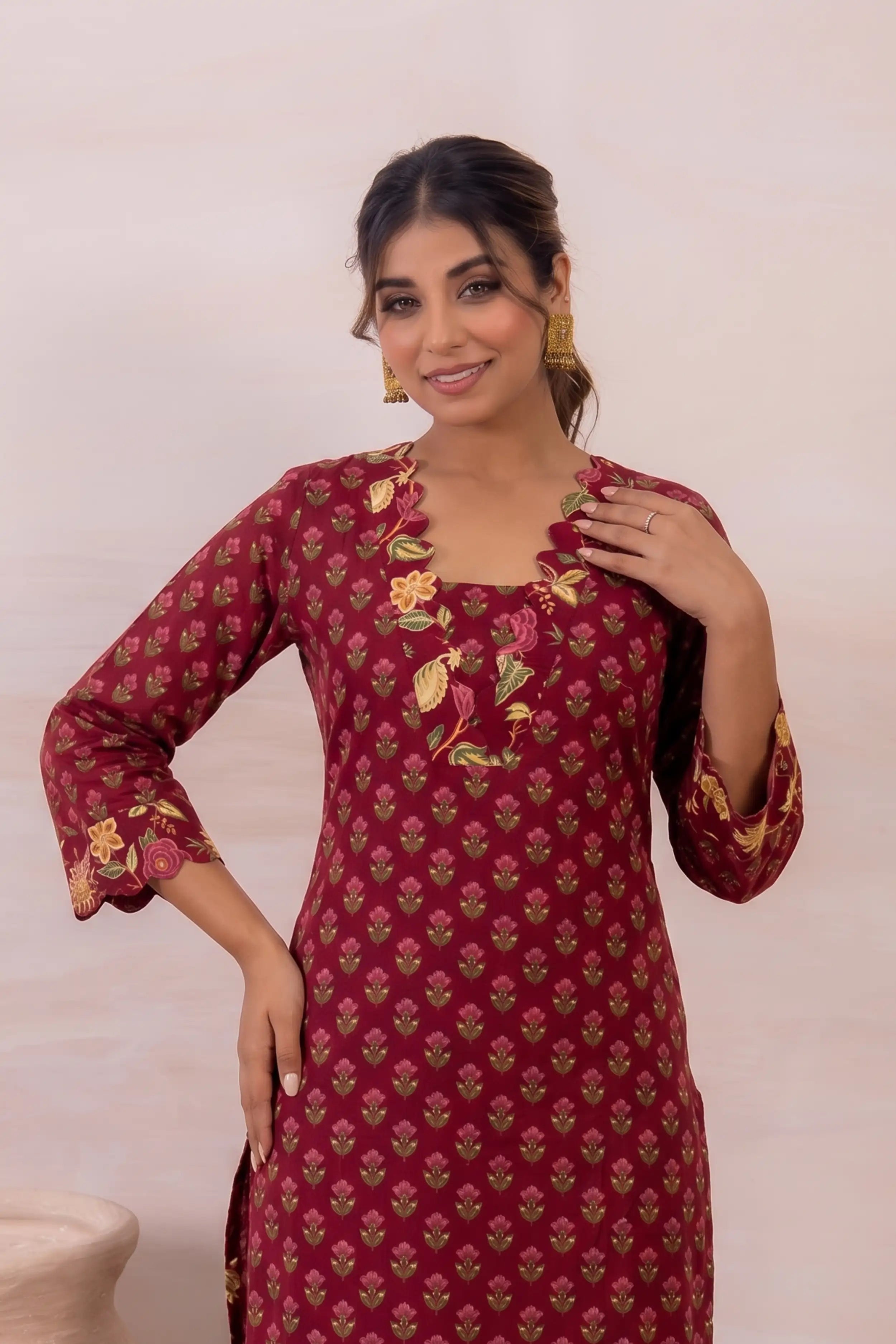 Wine Floral Printed Cotton Straight Kurta