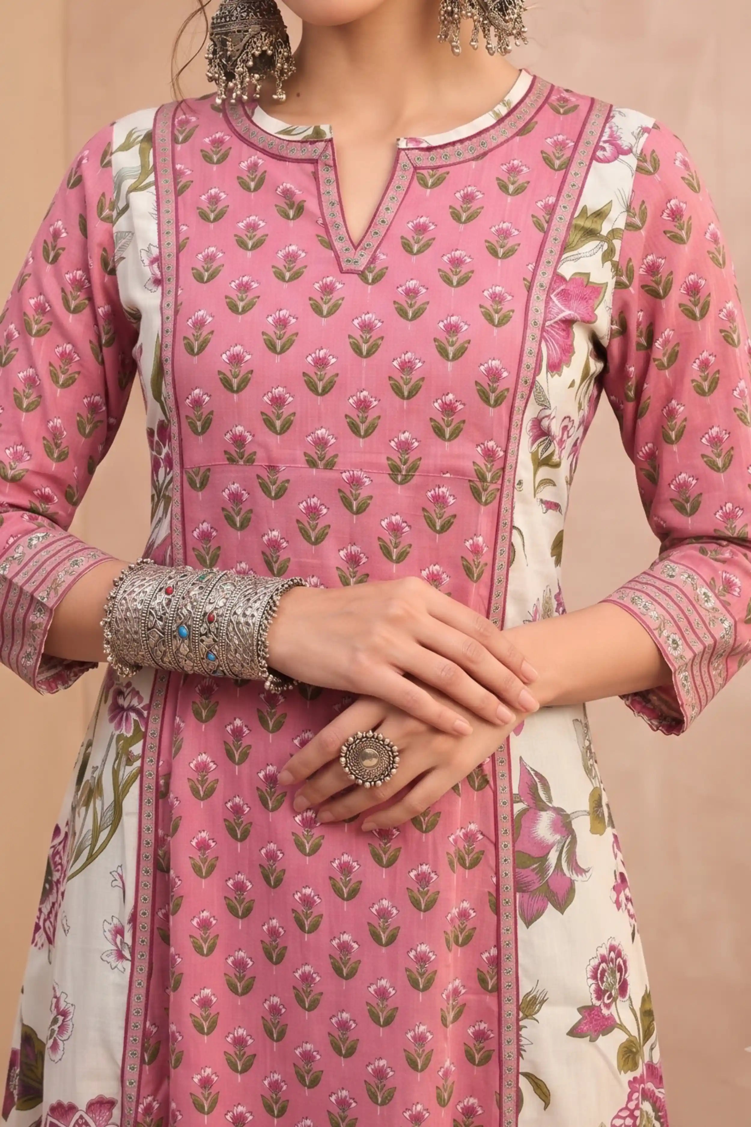 Light Pink Hand Printed A-line Kurta