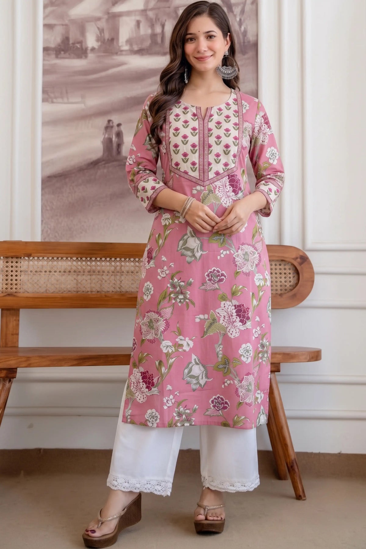 Cream Pink Hand Printed Straight cotton Kurta