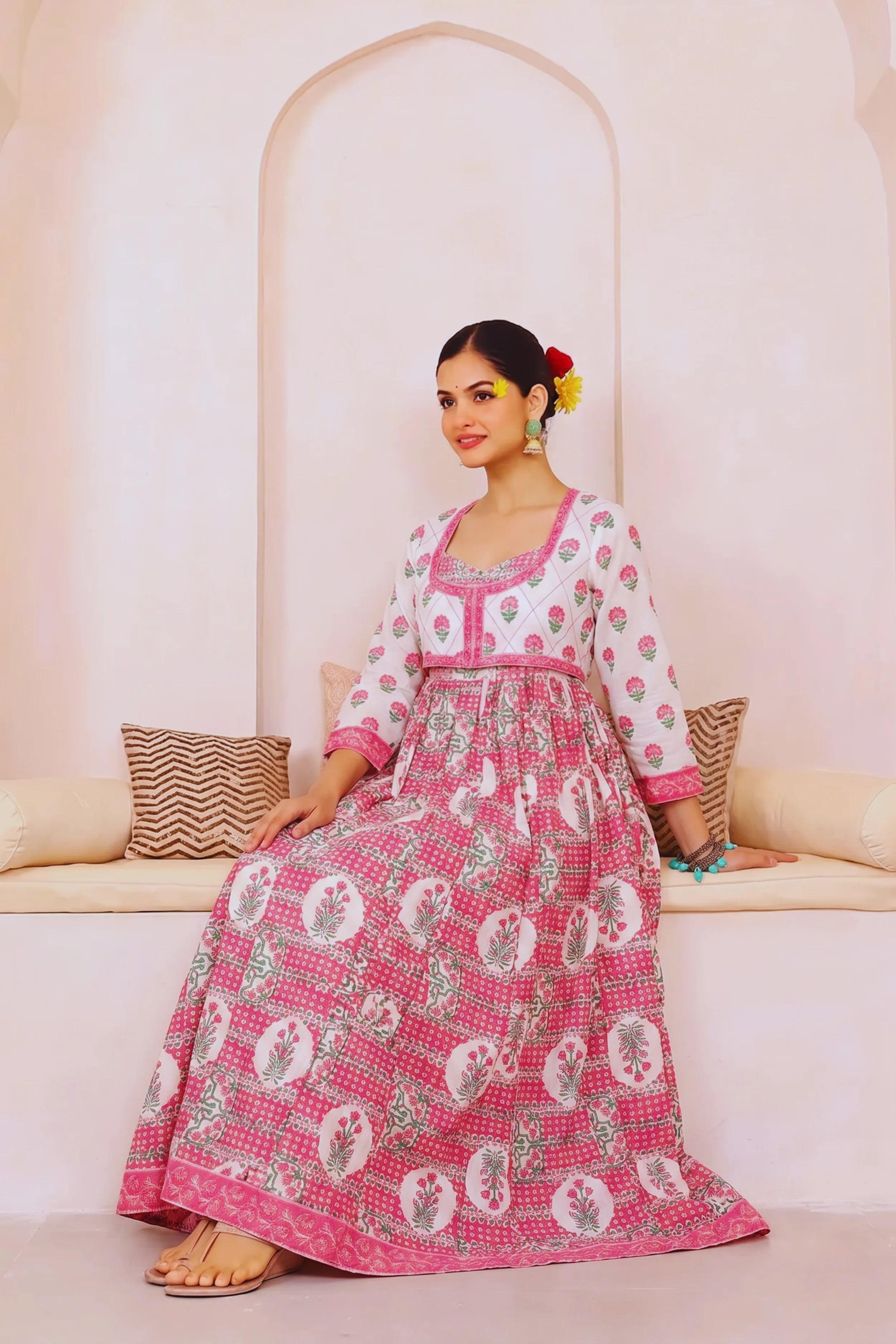 Light Pink Hand Block Floral Printed Anarkali Maxi Kurta