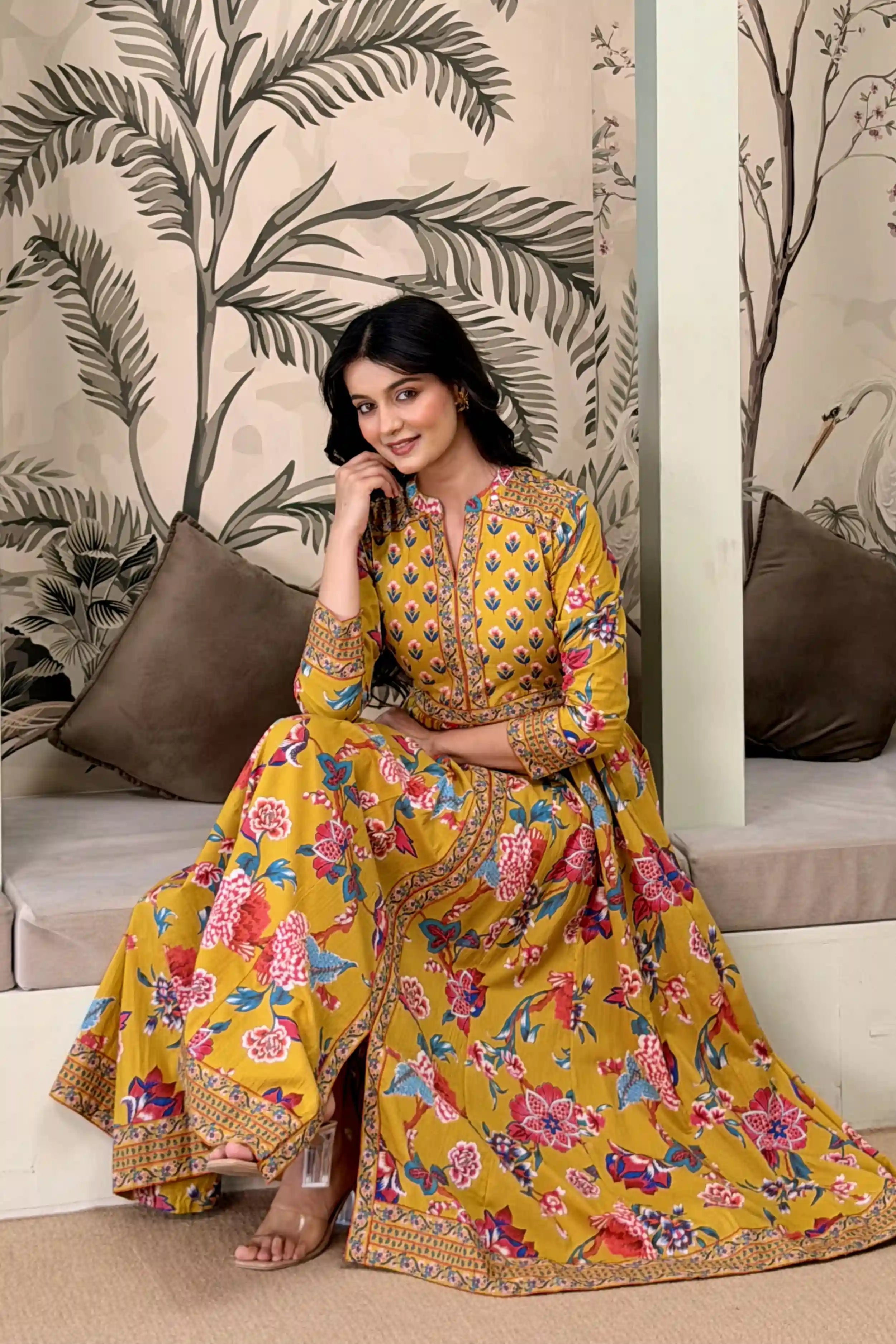 Mustard Anarkali Cotton Hand Block Printed Ethnic Maxi Dress