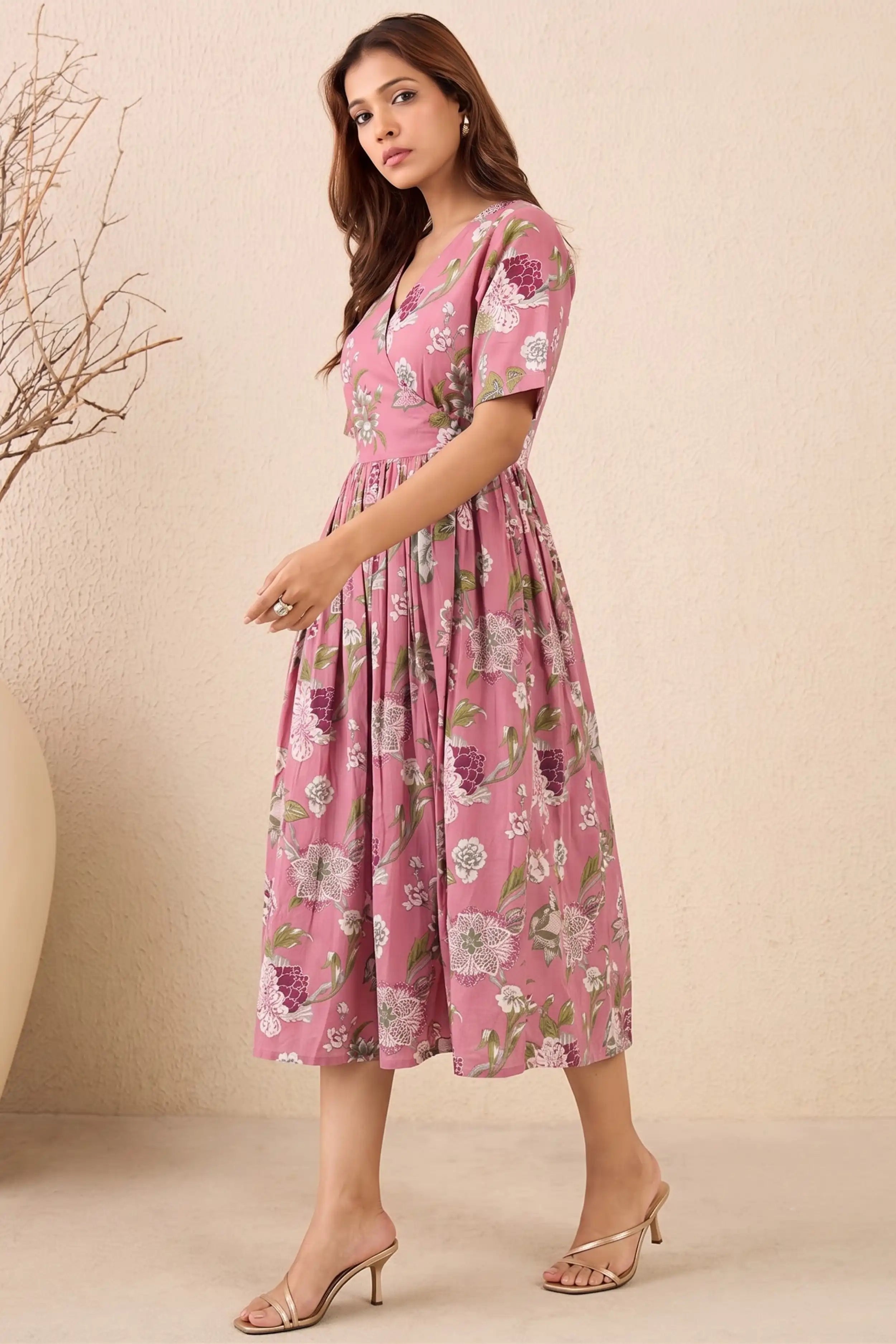 Pink Hand Printed V-Neck Midi Dress In Angrakha style