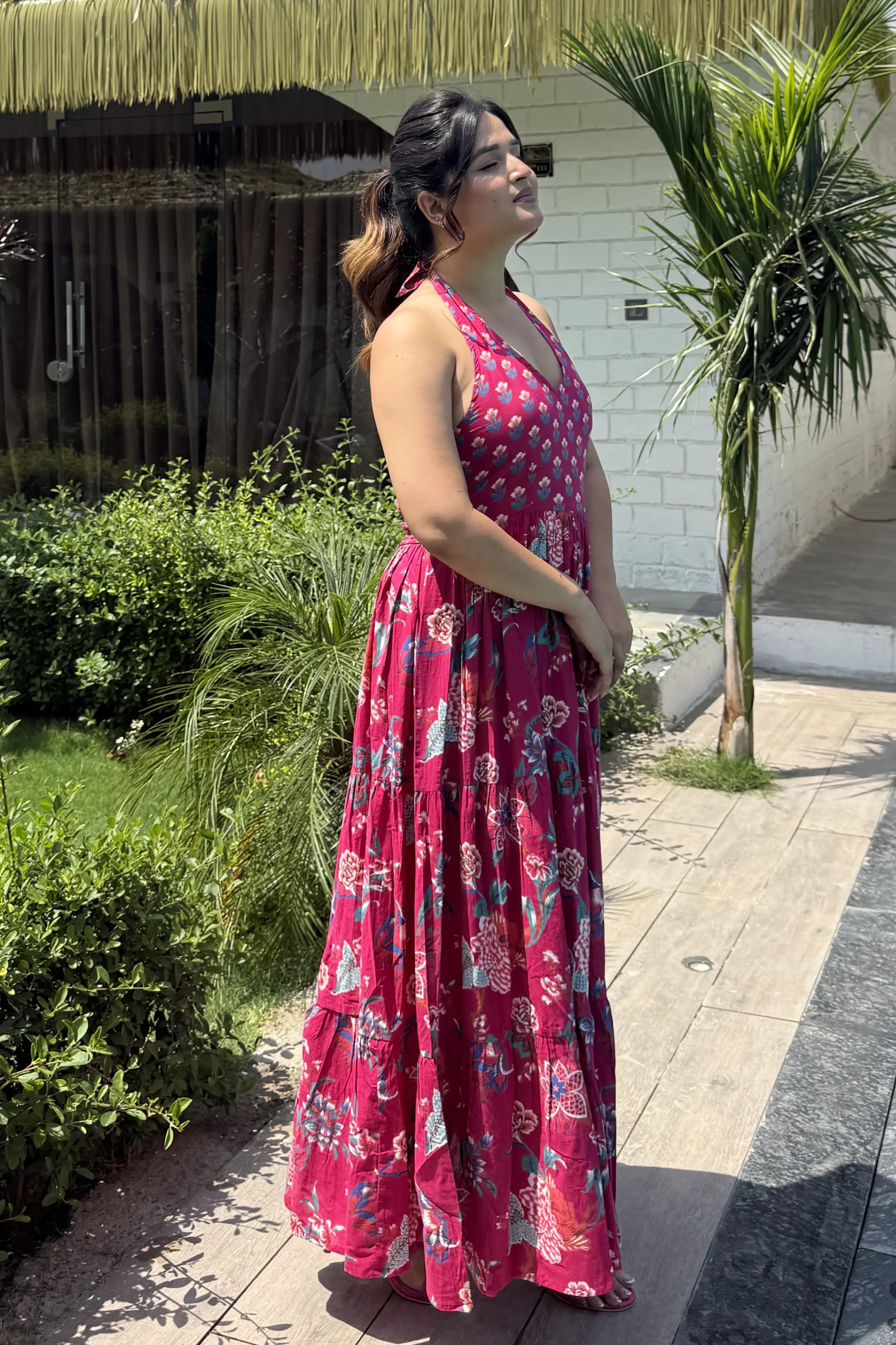Pink Floral Hand Printed Halter Maxi Dress