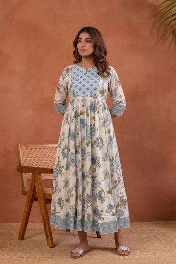 Blue Hand Printed Anarkali Kurta
