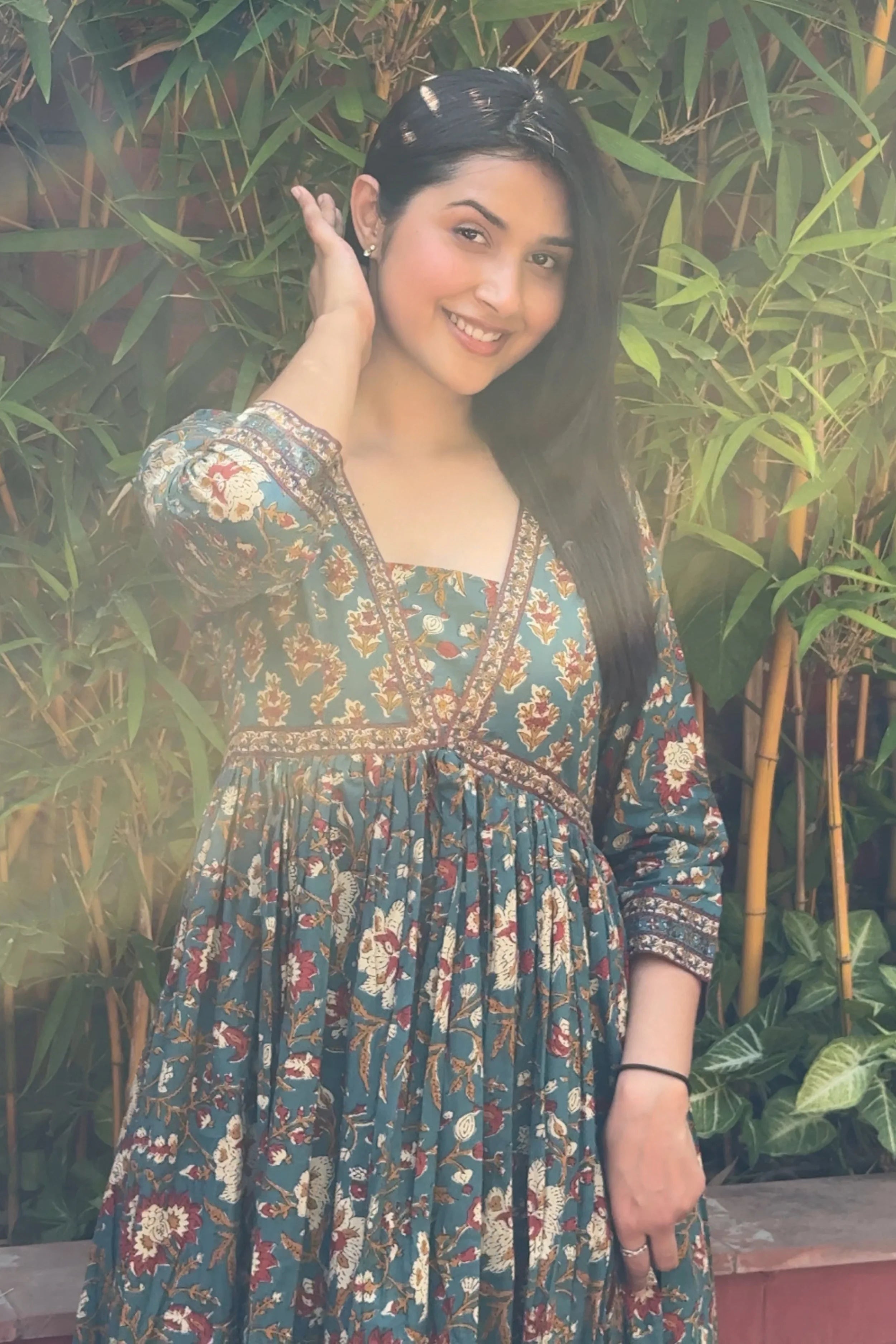 Green Flared Anarkali Cotton Kurta with Floral Print