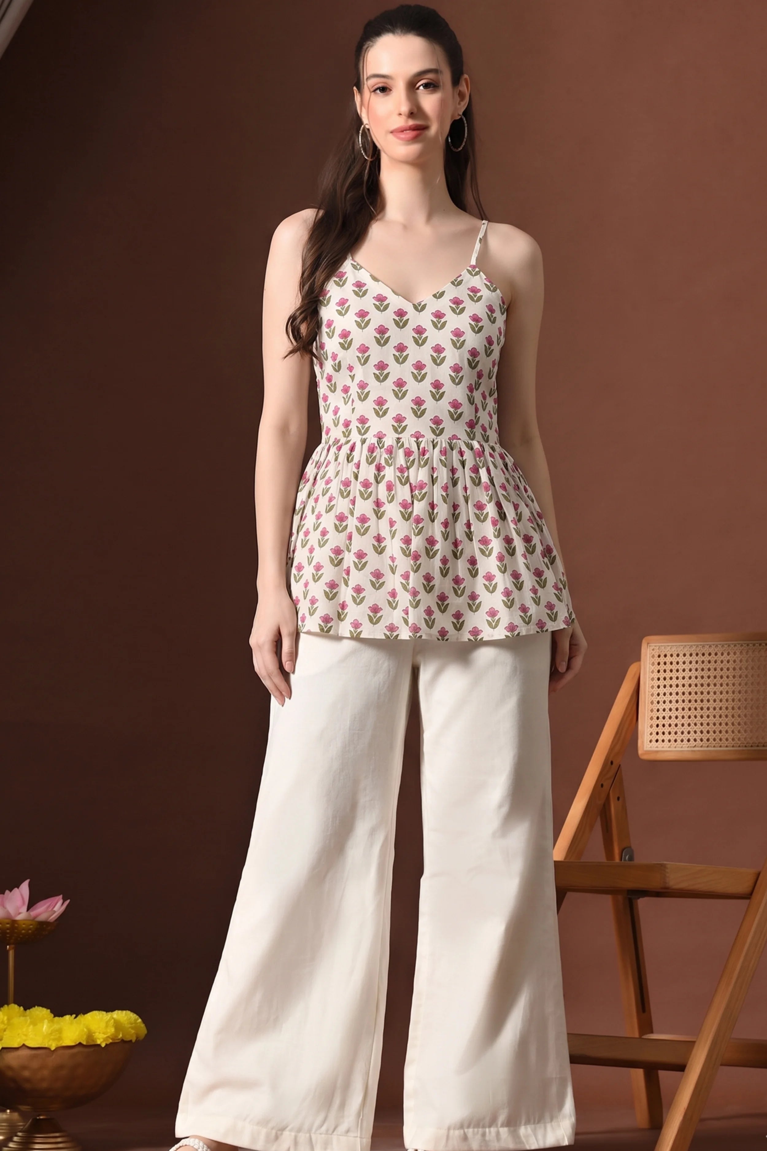 Pink Floral Hand Printed Cotton Spaghetti Top with Lining