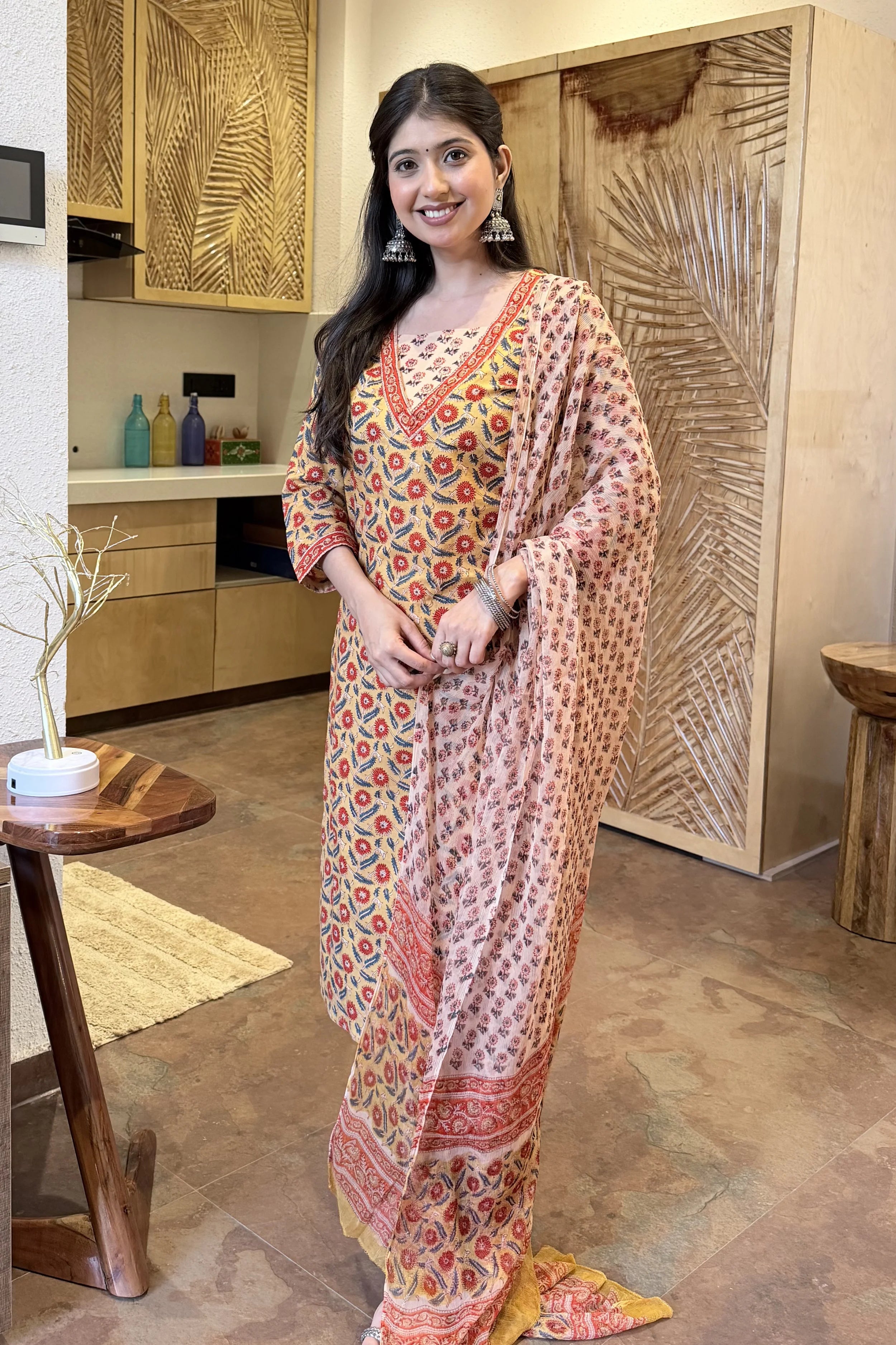 Mustard Floral Printed Hand Block Kurta Set with Chiffon Dupatta