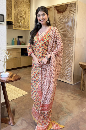 Mustard Floral Printed Hand Block Kurta Set with Chiffon Dupatta
