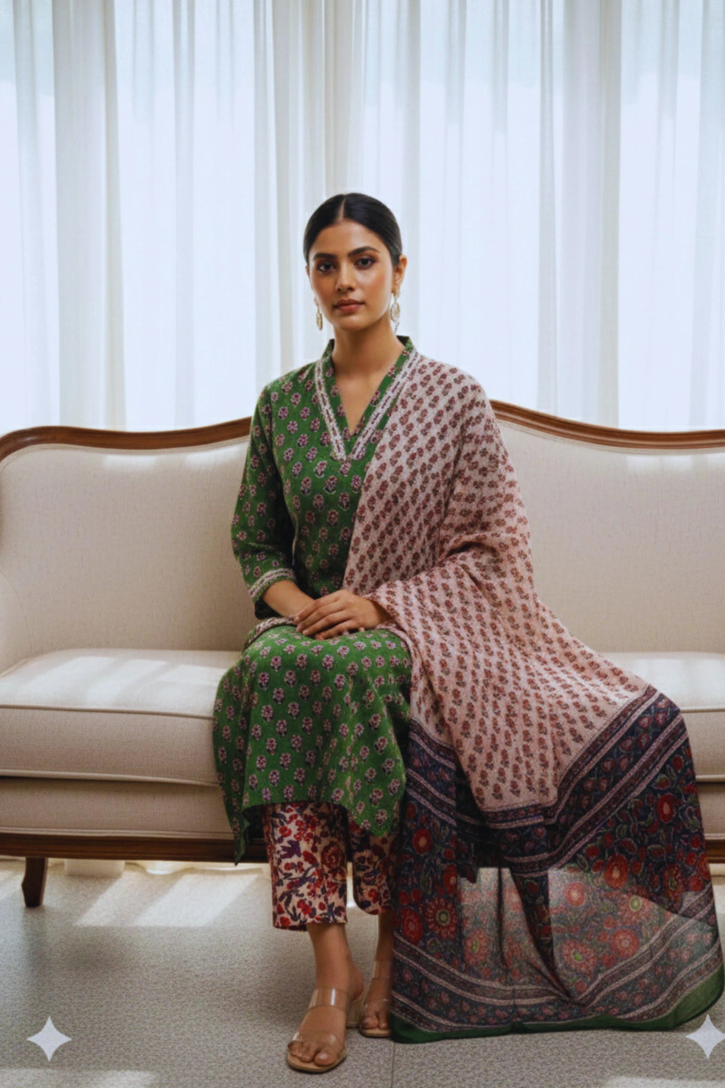 Green Hand Block Printed Straight cotton Kurta Set with Chiffon Dupatta