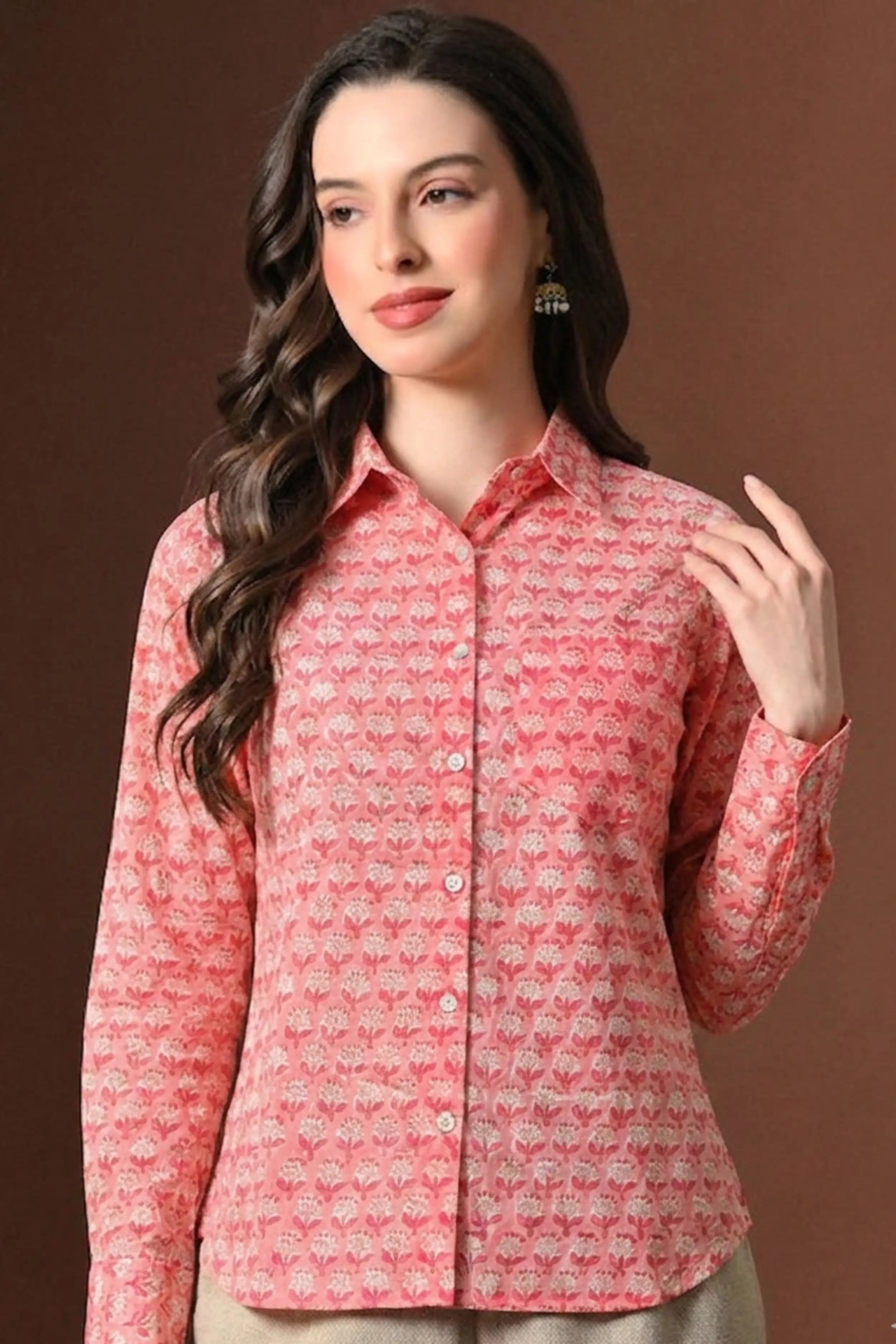 Coral Pink Hand Block Printed Collared Shirt