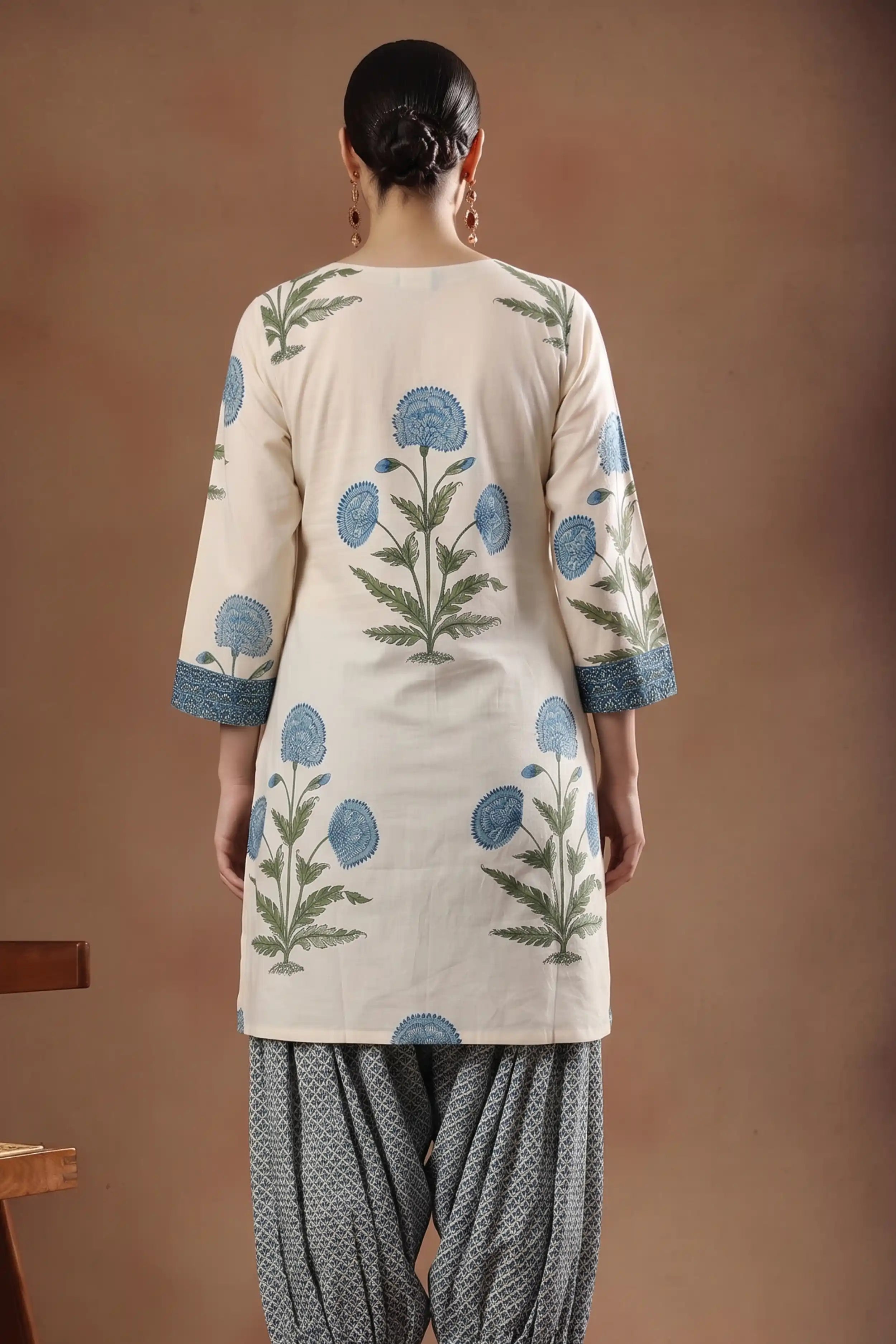 Sky Blue Floral Print Pure Cotton Farsi Salwar Set With Cotton Dupatta
