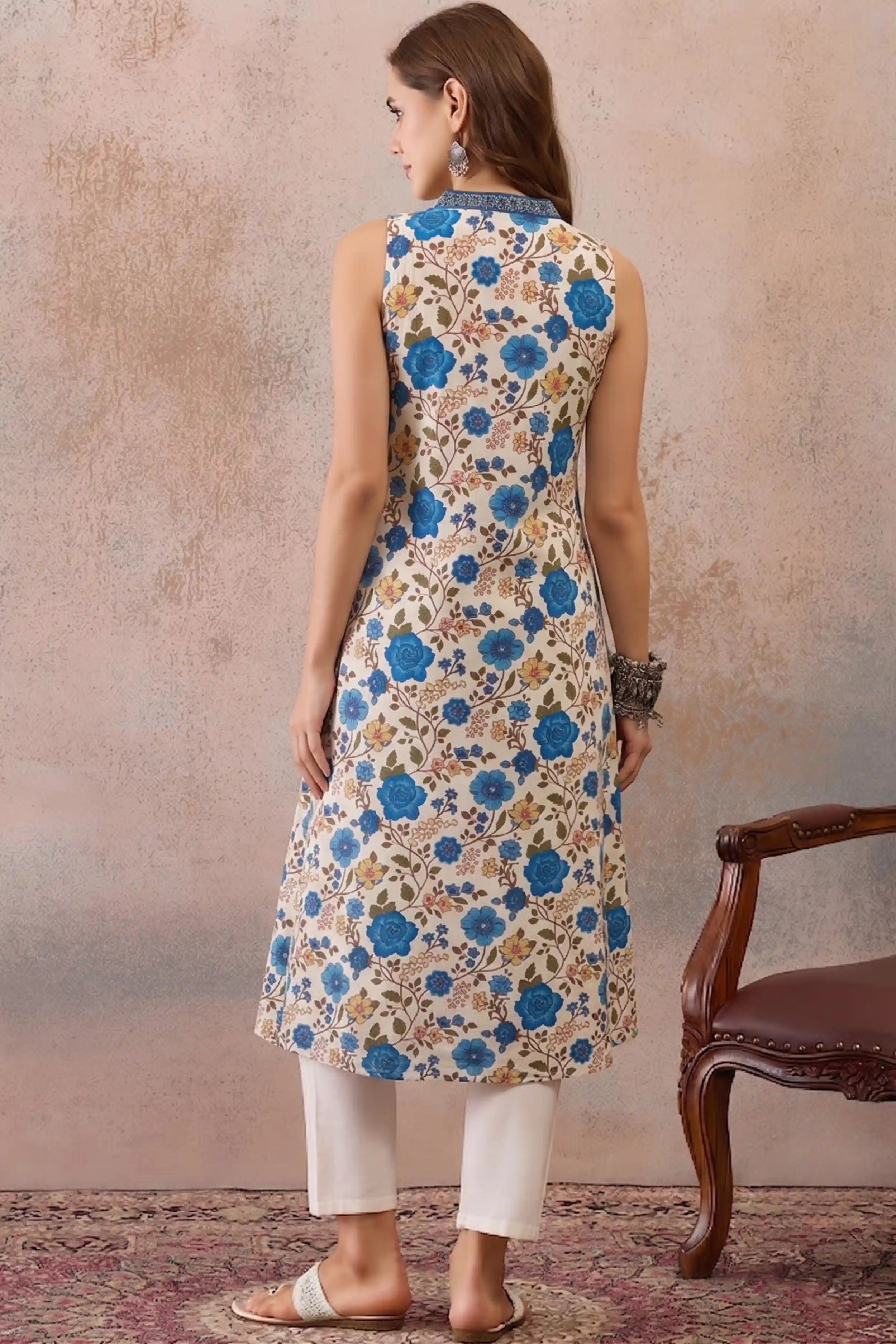 Blue V-Neck Sleeveless A line kurta With Pocket
