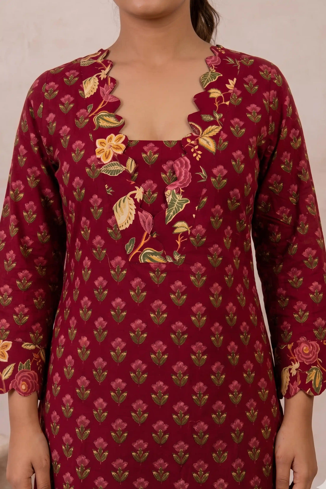 Wine Floral Printed Cotton Straight Kurta